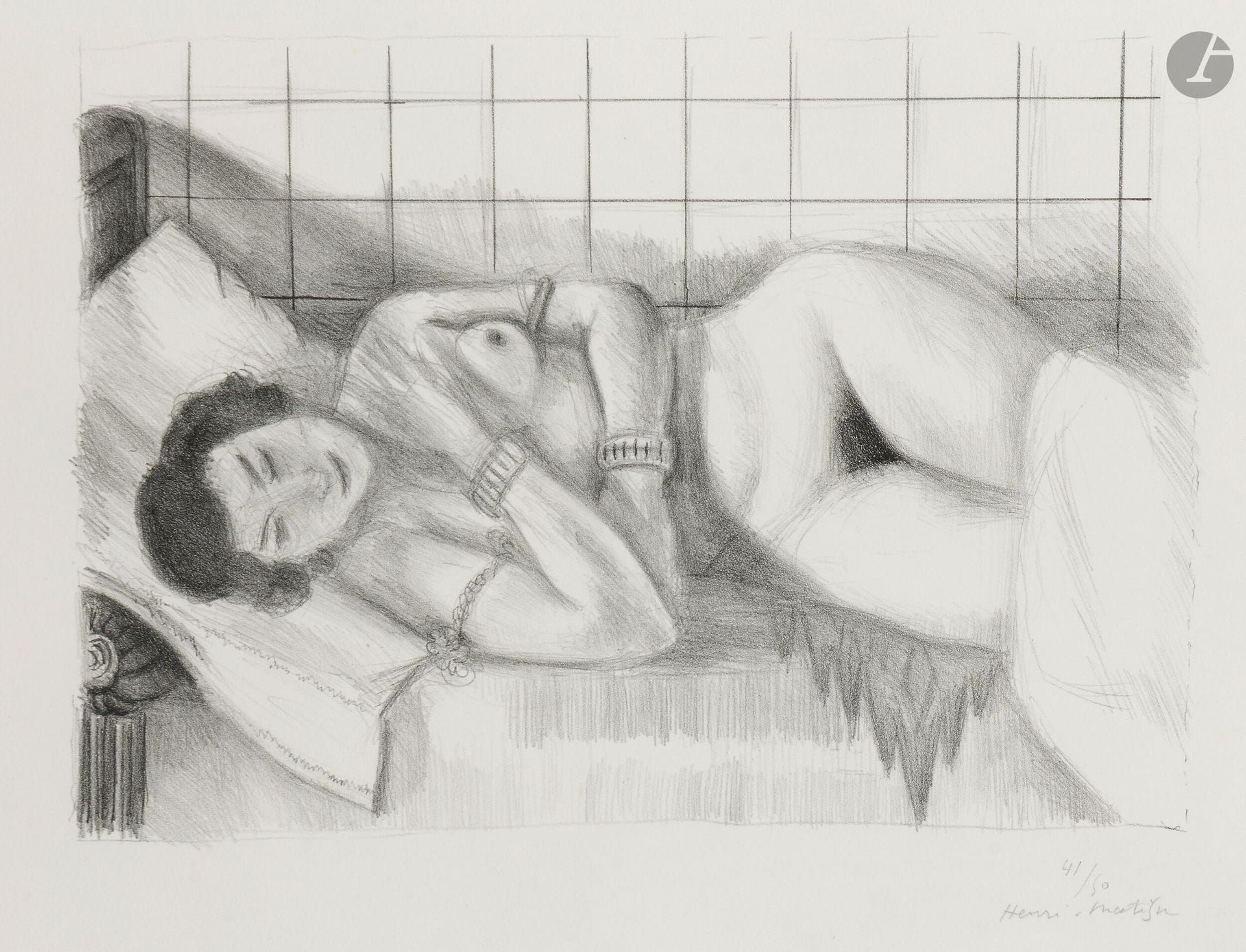 Henri Matisse (1869-1954)
Sleeping figure, shawl over legs. 1929. Lithograph. 380x268mm. Duthuit-Garnaud 511. Very fine proof on white vellum, numbered and signed in pencil. Double oblique fold in the upper right corner. Fine broken fold at lower left edge (barely perceptible). Full margins [550x445mm]. Edition of 50 proofs. Frame (not examined out of frame). 

Provenance:
Henri Marie Petiet (1894-1980).