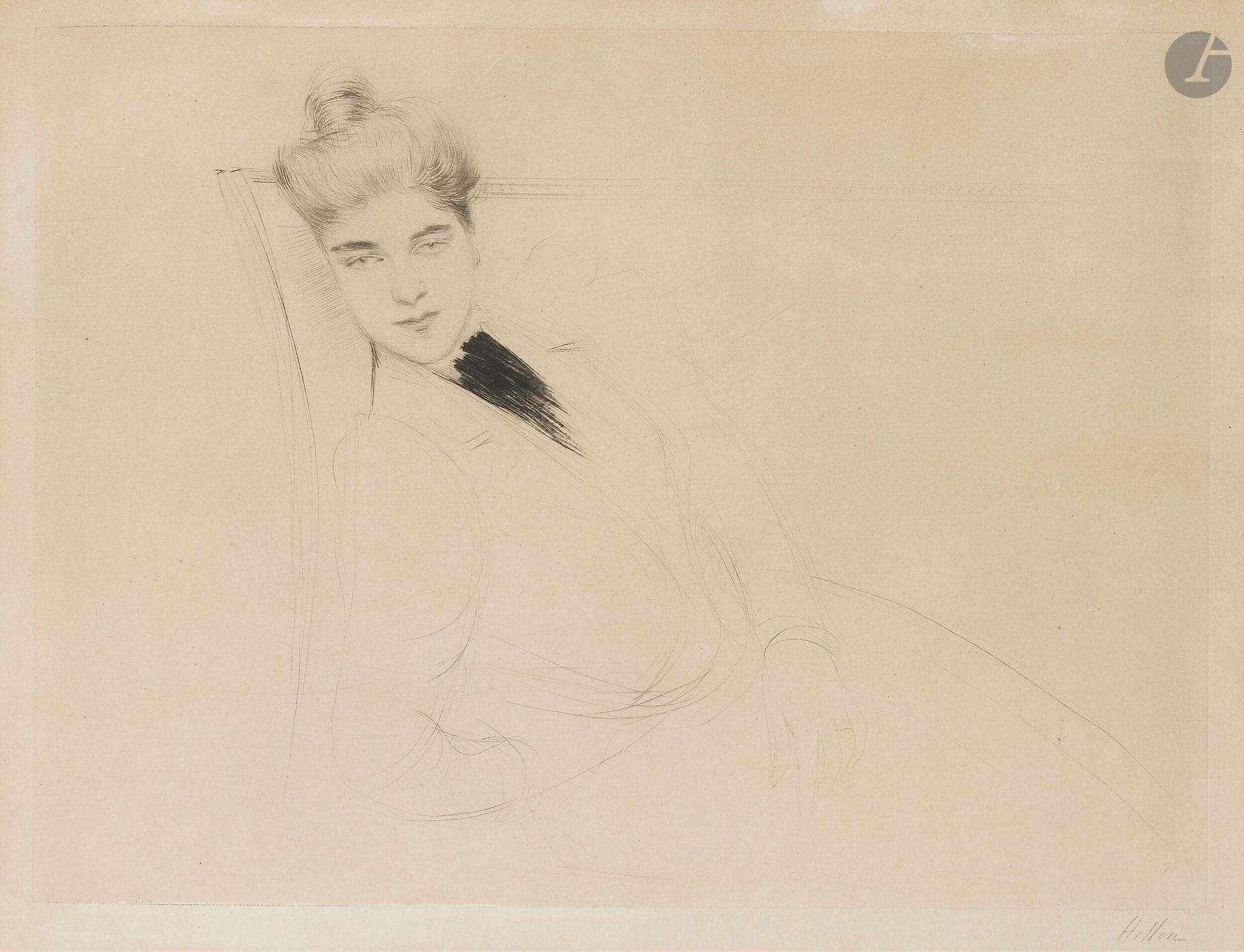 Paul-César Helleu (1859-1927)
Femme au sofa. Vers 1900. Pointe sèche. À vue: 430x330mm. Belle épreuve sur vergé, signée au crayon, insolée. Marges. Cadre (non examinée hors du cadre). Au verso, annotation d’un ancien propriétaire identifiant le modèle comme Valentine Michel.