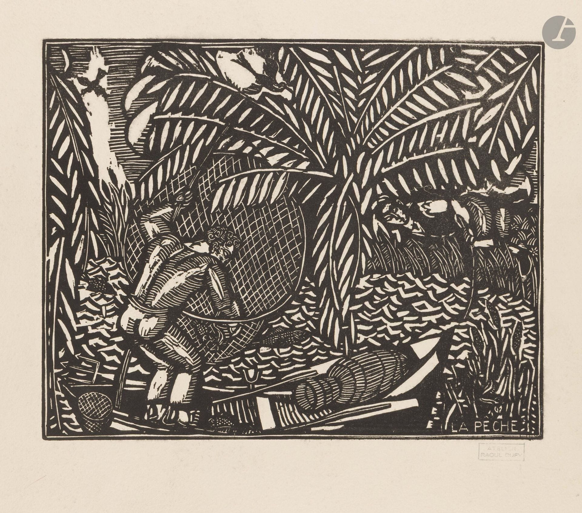 Raoul Dufy (1877-1953)
La Pêche. 1910-1911. Bois gravé. 400x320mm. Pernoud, L’Estampe des Fauves, p.88. Très belle épreuve sur vergé ivoire filigrané «richard de bas», d’un tirage effectué après 1953. Traces de plis souples. Courtes déchirures en pied. Toutes marges. Timbre de l’atelier (Lugt 702f).