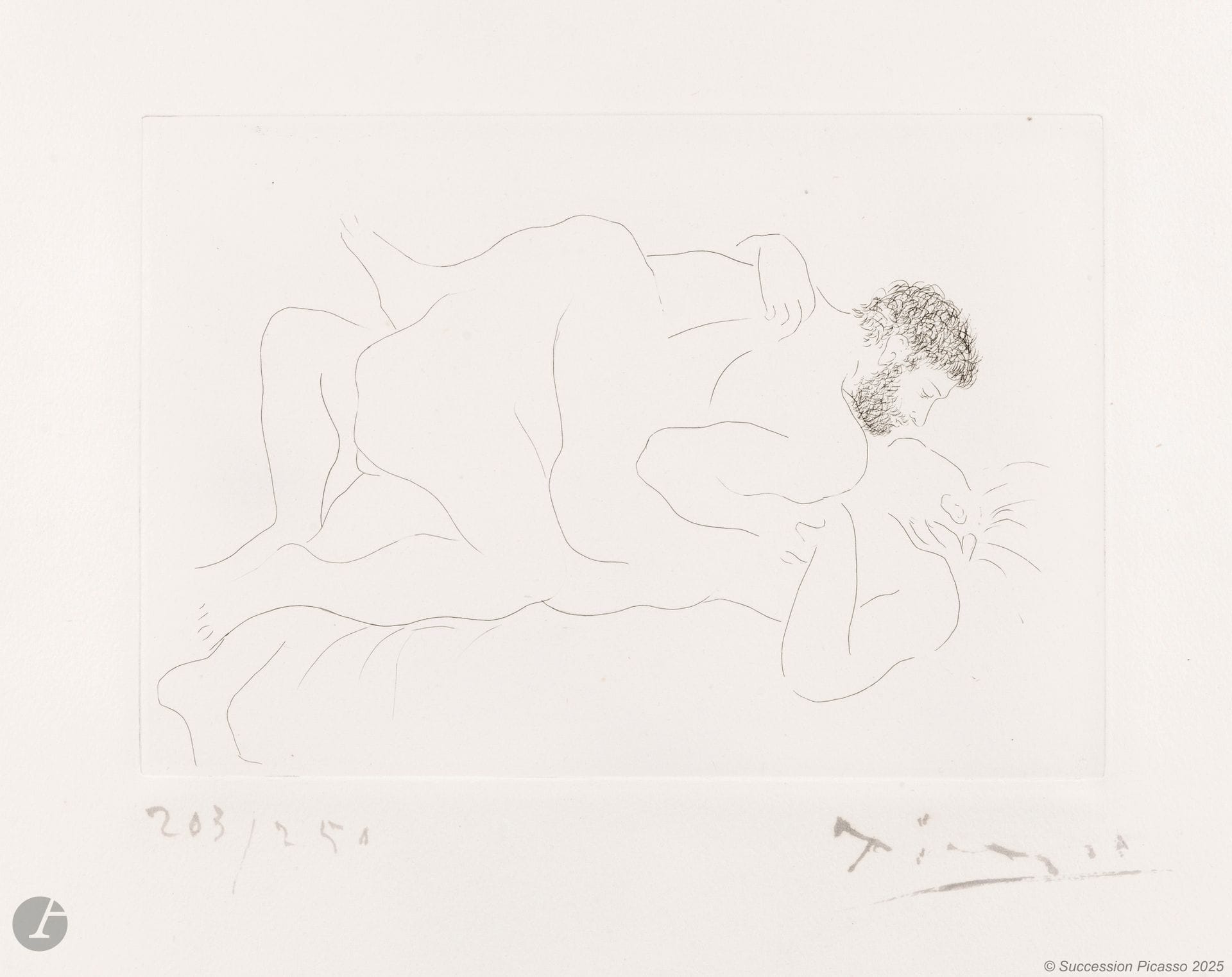 Pablo Picasso (1881-1973)
Man and Woman. 1927. Etching. 280x196 [580x550mm]. Bloch 77; Baer 118 b 2; Johnson 91. Very fine proof on strong white vellum, numbered and signed in brush and sepia ink. A few tiny spots of rust, notably in the upper margin. All margins untrimmed. Edition of 250 proofs. A. Vollard ed. 

Provenance:
Ambroise Vollard (1866-1939) then Henri Marie Petiet (1894-1980).
