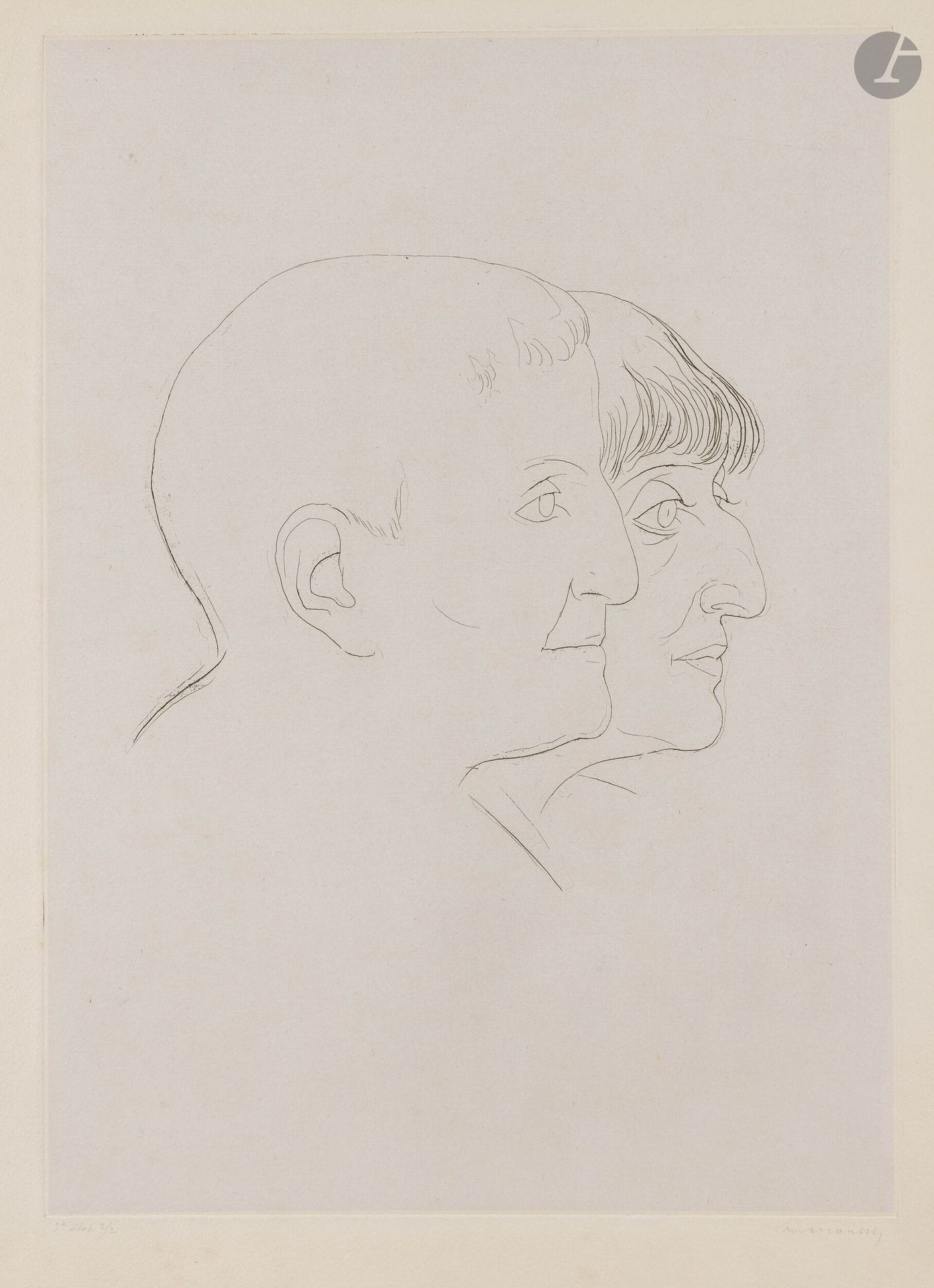 Louis Marcoussis (1883-1941)
Gertrude Stein, Alice B. Toklas. 1934. Eau-forte. 325x455mm. Milet 154. Très belle épreuve sur chine appliqué, du 3e état (sur 4), annotée au crayon «3e état 2/2», signée, puis en piedà droite:«Louis Marcoussis / Gertrude Stein and Alice Toklas / [etching] 3th [sic] state / one of two proofs». Oxydation du feuillet. Petits accidents aux bords. Deux petits restes d’adhésif en tête au verso. Toutes marges. Timbre de l’atelier au verso. 

Provenance:
Atelier de l’artiste.