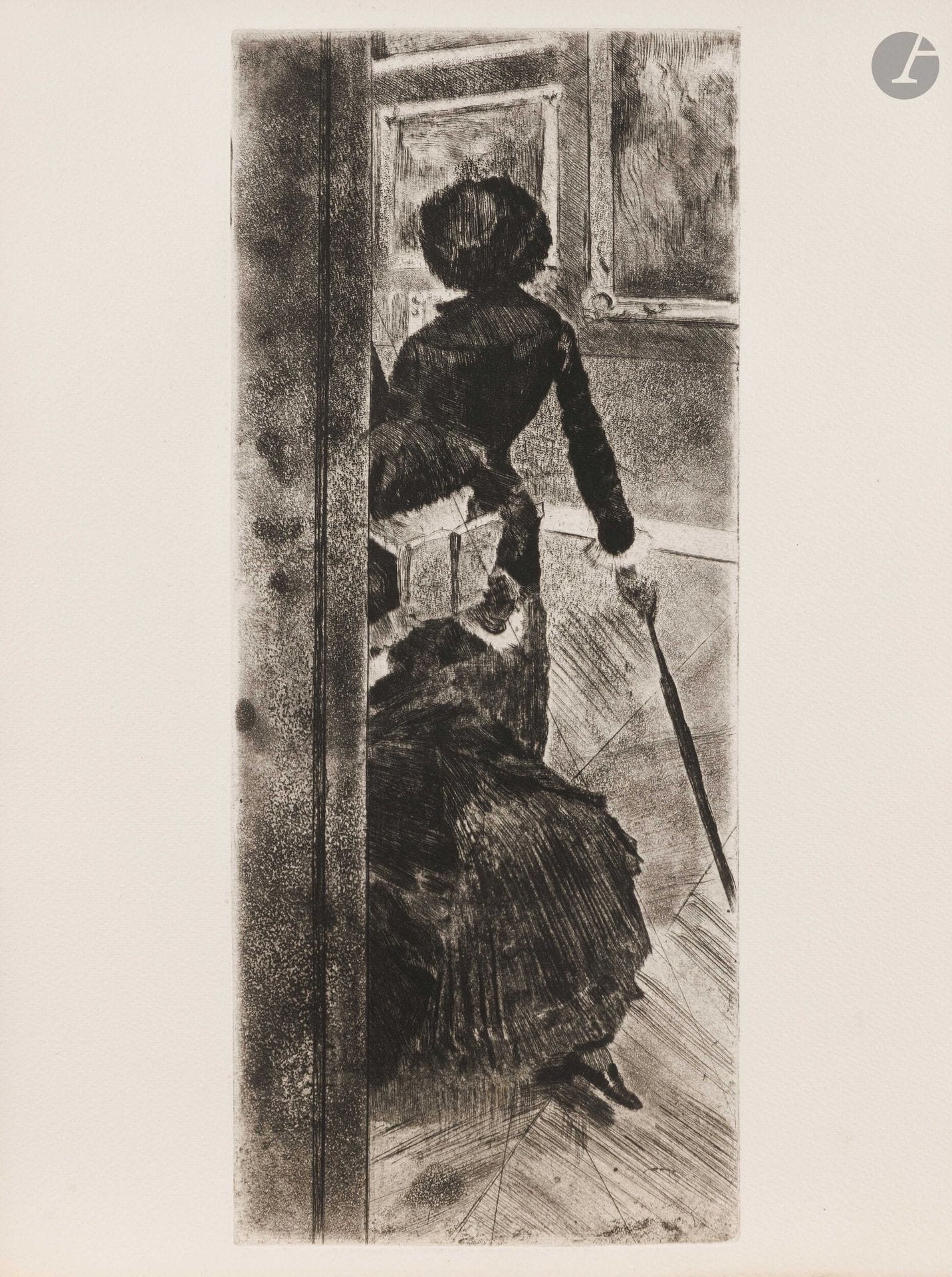 Edgar Degas (1834-1917)
At the Louvre: painting (Mary Cassatt). Circa 1876. Etching, drypoint and aquatint. 125x303mm. Delteil 29; Reed-Shapiro 52. Very fine proof on heavy cream vellum, from the print run of the crossed-out copper for Ambroise Vollard (1918). Fine band of oxidation at foot of folio. Full margins.