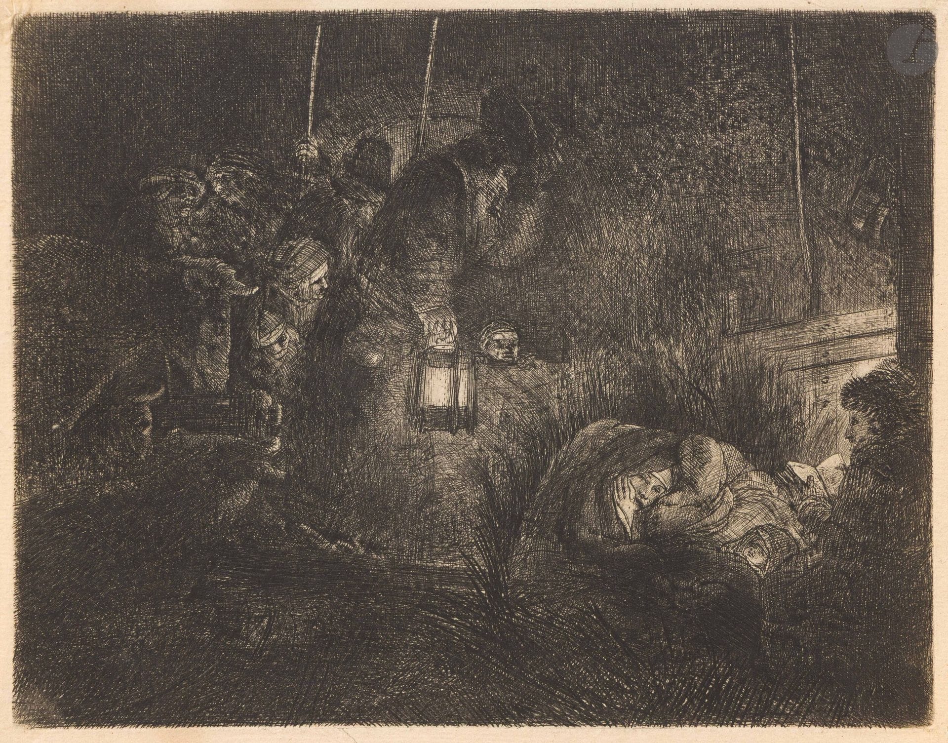 Rembrandt Harmensz. van Rijn (1606-1669)
L’Adoration des bergers à la lanterne (planche de nuit). Vers 1652. Eau-forte, burin et pointe sèche. 195x150mm. Bartsch 46; New Hollstein 300. Très belle épreuve sur vergé mince chamois, avec de nombreuses et importantes reprises dans le sujet, notamment les visages, d’un tirage Basan (début XIXe). Petites marges (3-4mm). Joint: héliogravure d’après La Résurrection de Lazare (petite pl.). Épreuve sur vélin mince chamois. Ens. 2 p.