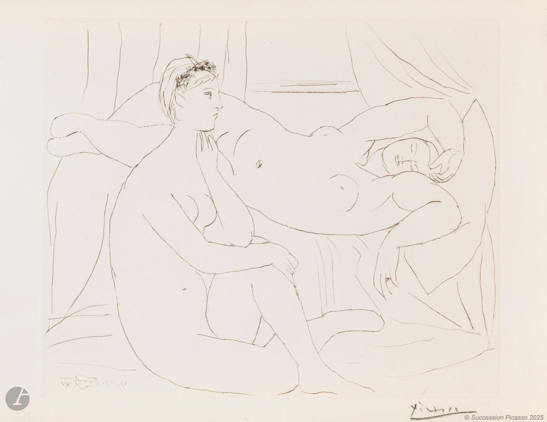 Pablo Picasso (1881-1973)
Deux femmes se reposant. (Suite Vollard, pl. 10). 29 septembre 1931. Pointe sèche. 298x368 [445x338mm]. Bloch 143; Baer 210 B d. Parfaite épreuve sur vergé de Montval filigrané «Picasso», du tirage à 260 épreuves à petites marges, signée au crayon. 

Provenance:
Ambroise Vollard (1866-1939) puis Henri Marie Petiet (1894-1980).