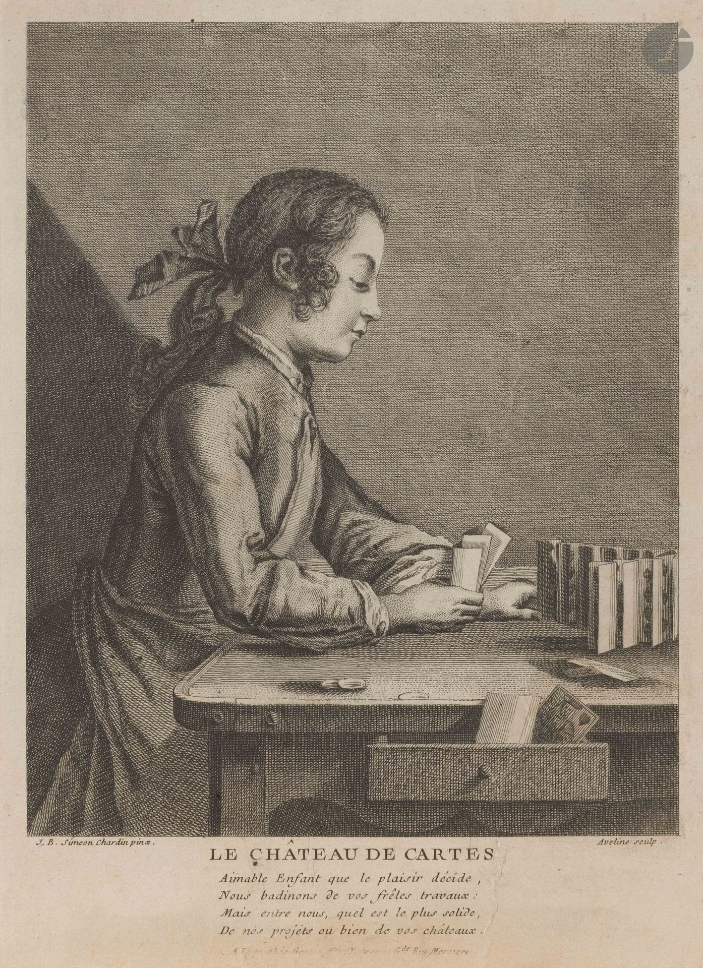 Jean Siméon Chardin (1699-1779) (d’après)
Le Château de cartes. Après 1743. Gravé par Aveline. 200x290mm. Bocher 10. Très belle épreuve d’un tirage XIXe sur vélin, légèrement oxydée. Fin pli cassé dans la lettre. Bonnes marges sur trois côtés. 

Le tableau original, daté de 1737, est conservé à la National Gallery de Washington.