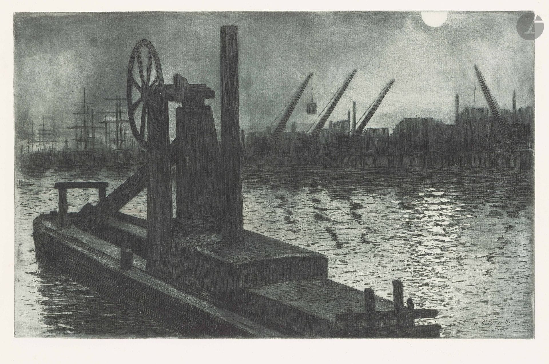 Henri Guérard (1846-1897)
L’Entrée du Grand Canal, près de la Piazzetta (effet de nuit). Avant 1891; Bassin Duquesne (Dieppe), effet de lune. Avant 1889; La Drague (Dieppe), effet de lune. Avant 1887. Eau-forte et aquatinte. Chaque 475x295mm. Bertin 210, 224 et 225. Très belles et fraîches épreuves tirées en bleu nuit sur vergé crème. Léger empoussiérage aux bords. Toutes marges. Ens. 3 p.