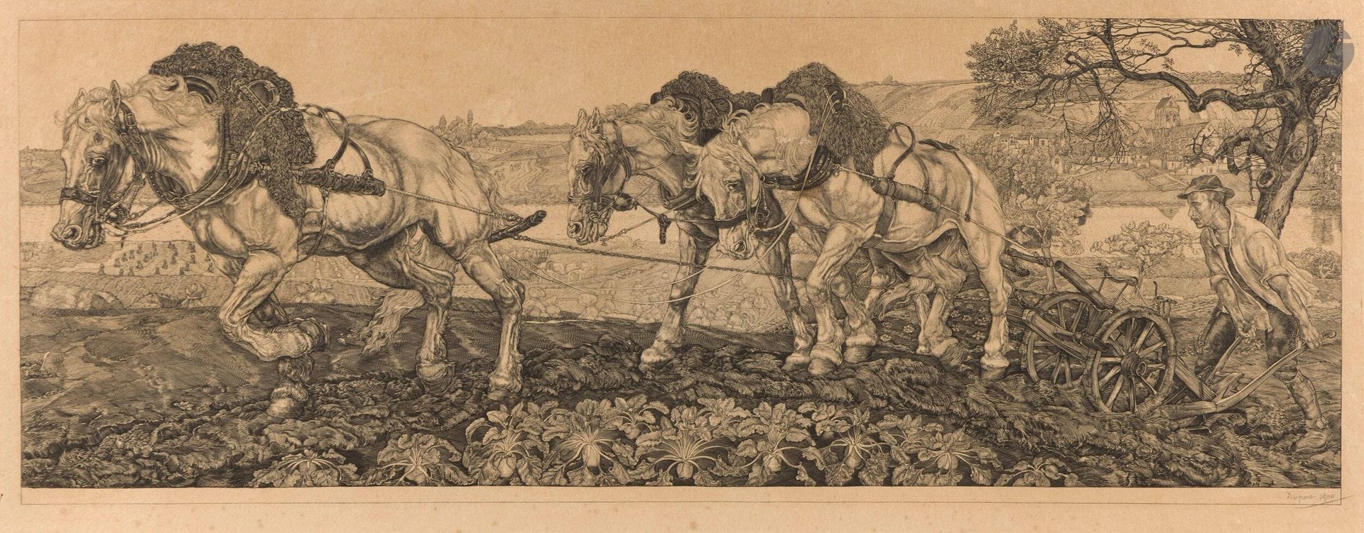 Pieter Dupont (1870-1911)
Le Labour. 1904. Burin. 565x215mm. Belle épreuve sur vélin chamois, avant la lettre, signée et datée au crayon. Petite fracture restaurée dans le flanc du cheval de gauche. Rousseurs claires. Toutes marges.
