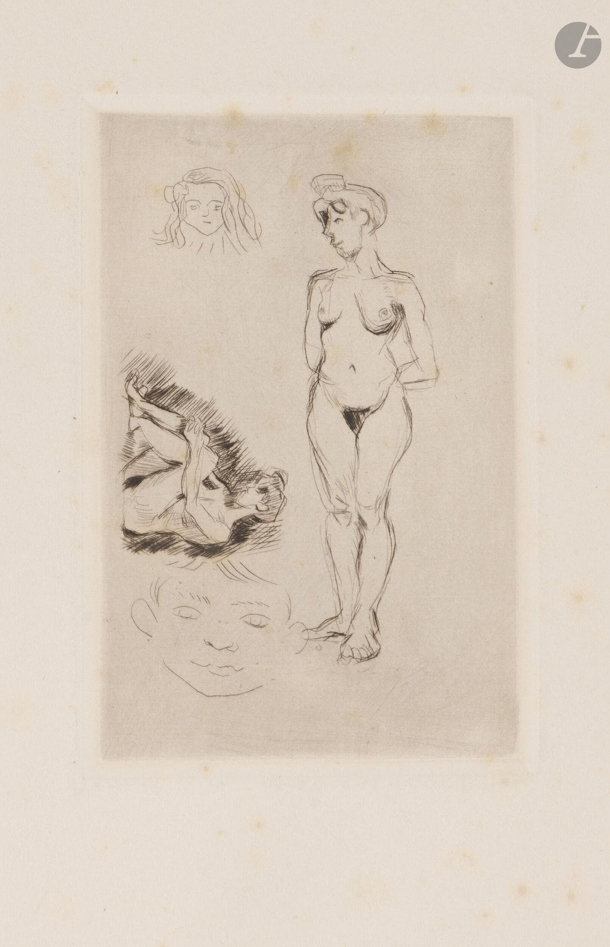 Henri Matisse (1869-1954)
Two nudes, two children's heads. 1900-1903. Drypoint. 100x149mm. Duthuit-Garnaud 6. Very fine proof on ivory vellum, numbered and signed in pen and ink. Scattered light foxing. Small traces of oxidized glue at the left edge on verso. All margins untrimmed [254x330mm]. Edition of 30 proofs. 

Provenance:
Henri Marie Petiet (1894-1980).