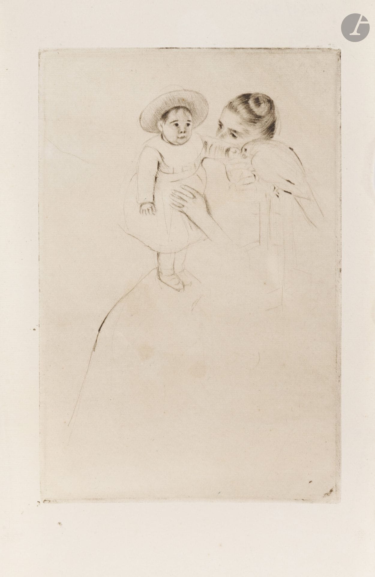 Mary Cassatt (American, 1844-1926)
Hélène of Septeuil, or Child with Parrot. Circa 1890. Drypoint. 155x237mm. Breeskin 134. Very fine proof on thin ivory laid paper watermarked "Van der Ley". Annotation "E" in pencil in the lower left-hand corner in the hand of H. M. Petiet and other annotations at the foot. Thin, long oblique crease at lower right edge. All margins untrimmed. 

Provenance:
Ambroise Vollard (1866-1939) then Henri Marie Petiet (1894-1980).