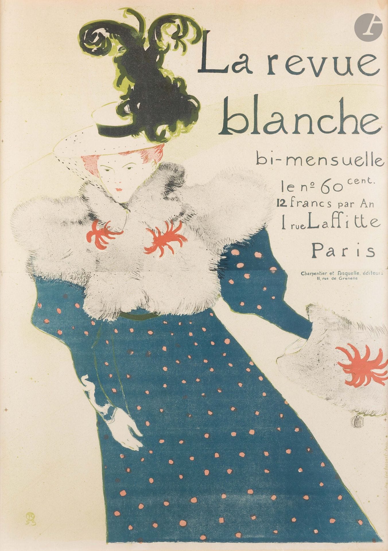 Henri de Toulouse-Lautrec (1864-1901)
La Revue blanche. Affiche. 1895. Lithographie. À vue: 925x1285mm. Delteil 355; Wittrock P16. Impression en couleurs. Très belle épreuve sur vélin mince chamois, en deux morceaux tirés consécutivement. Traces d’oxydation dans les angles (causées par le montage). Quelques infimes fractures aux bords. Timbre fiscal sous le manchon à droite. Cadre (non examinée hors du cadre). 

Provenance:
Collection Lilette Berger, veuve de Sam Szafran (1934-2019), Malakoff.

La Revue Blancheest une revue d’avant-garde, fondée à Liège en 1889 par les frères Natanson, qui s’installèrent ensuite à Paris. «Elle devient un lieu de débat etpromeut les peintres nabis, les néo-impressionnistes et l’Art nouveau. Humour et esprit de fête, liberté, engagement et créativité, pacifisme, laïcité, mondialisation sont les valeurs qu’elle défend. […] La plus célèbre réalisation de Lautrec pour la revue n’est pas une illustration, mais une affiche: elle représenteMisia, la femme de Thadée Natanson, muse et mécène de nombreux musiciens et peintres.Le cadrage tronque l’image et suggère le mouvement; Misia évolue sur une patinoire et la forme de sa robe allant en s’évasant ainsi que le geste du bras gauche tendu vers l’arrière font deviner son glissement.
La Revue Blanche disparaît en 1903. C’est la fin d’une incroyable aventure littéraire, artistique et politique à laquelle lesintellectuels les plus contestataires de l’époque ont contribué.» (www.grandpalais.fr).

«Les Natanson admiraient peut-être plus [Lautrec] comme homme d’esprit et comme amuseur que comme artiste. Certes, ils lui ont commandé l’affiche de la Revue Blanche, mais ils n’ont pas dit s’ils en étaient satisfaits, et le public reprocha à cette affiche de n’indiquer nullement qu’il s’agissait de souscrire à une publication.» (Jean Adhémar, Toulouse-Lautrec, lithographies et pointes sèches, Paris, Arts et Métiers graphiques, 1965, p.VIII).