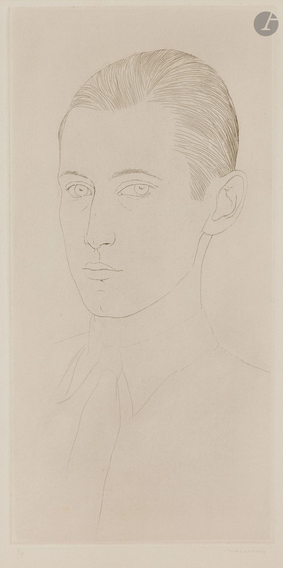 Louis Marcoussis (1883-1941)
Roy Titus [fils d’Helena Rubinstein]. 1933. Eau-forte. 220x450mm. Milet 102. Belle épreuve sur vélin ivoire, annotée «4/4» et signée au crayon, puis titrée en pied et annotée «avant la lettre» (même si on ne connaît pas d’épreuves avant la lettre). Oxydation du feuillet. Quelques rousseurs claires, plus marquées au verso. Petites épidermures en tête au verso. Toutes marges. Étiquette avec numéro au composteur, timbre de douane et timbre de l’atelier au verso. 

Provenance:
Atelier de l’artiste.