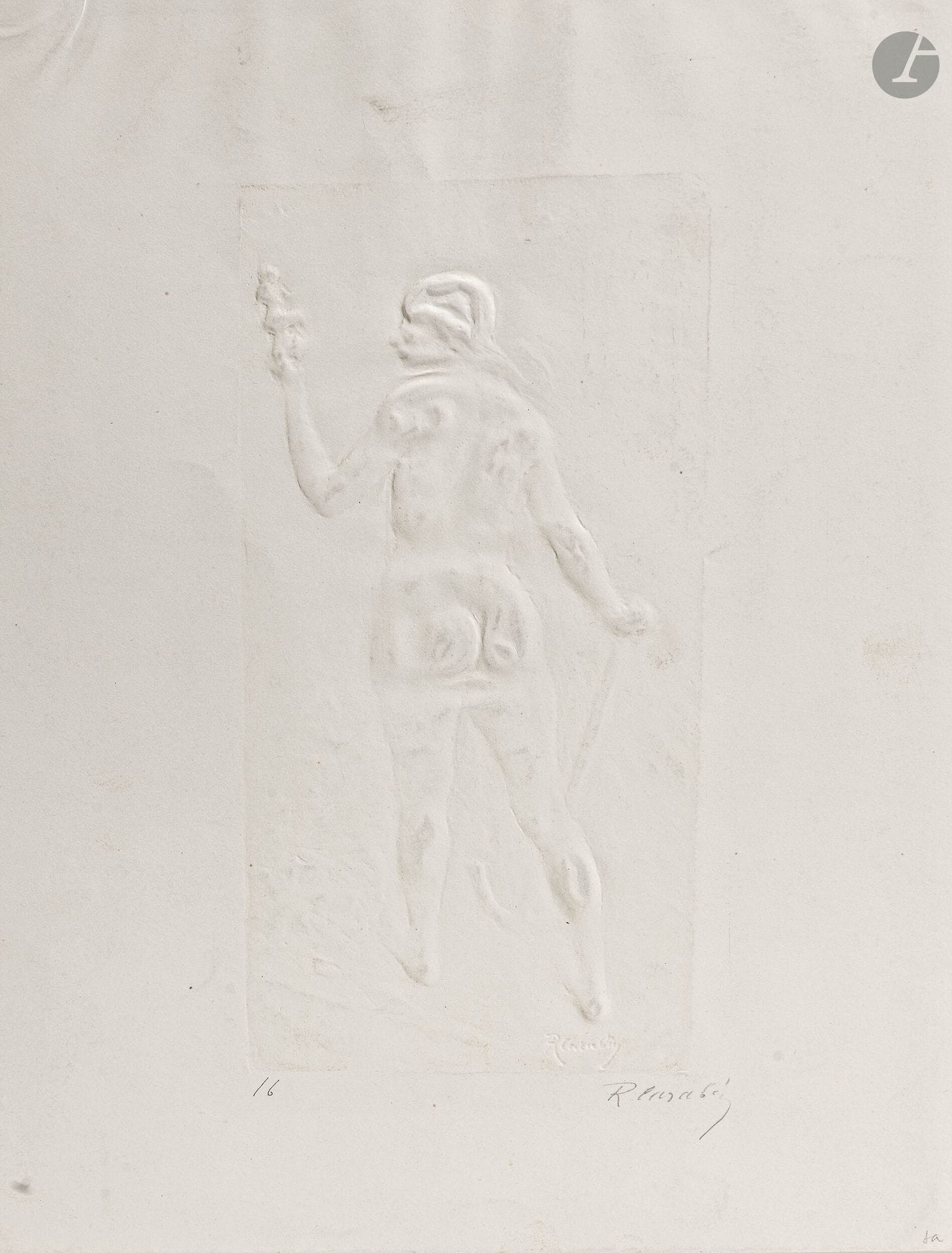François-Rupert Carabin (1862-1932)
Parque (Nude woman from behind, leaning on a scythe and holding a distaff). Circa 1900. Glyptograph. 110x225mm. Very fine proof on glazed vellum, numbered and signed in pencil. Full margins. 

Provenance:
Michel Romand (1929-2013), great-grandson of Edmond Sagot (1857-1917).

Embossed relief engraving, a technique favored by sculptors, was very popular around 1895-1900. Pierre Roche, Alexandre Charpentier, Henri Lefort des Ylouses, Oscar Roty, Maurice Dumont, and here Carabin, tried their hand at it. "In the Revue Encyclopédiquedu of August 15, 1896, Roche described his process in rather summary terms, in order to avoid counterfeiting: "A plaster mold is taken from a light bas-relief, the hollows of which are calculated to reproduce in the counterpart the asperities that will retain the ink. It is in this plaster that the hand-pressed paper must seek both the ink and the modeling." Despite these precautions and the complexity of the process, it proved a success, prompting many copies. The artist wrote in his diary on November 7, 1894: "Gypsographies are imitated; I saw Sagot advertising them; he calls this anything that is engraved with a projection on the paper. He traces its invention back to Roche and has no idea of the peculiarity of the process."" (Joëlle Raineau and Clara Roca, "À la découvertedes secrets d'atelier de Pierre Roche", Nouvelles de l'Estampe, 2022, no. 268). The model for these sculpted prints goes back to the Japanese printmaking masters, who created their embossing from a Kara-zuri wooden matrix pressed directly onto the paper by hand. Europeans explored various techniques (wooden molds, plaster molds, wax molds, cigarette paper compression for Charpentier) to achieve this bas-relief effect.