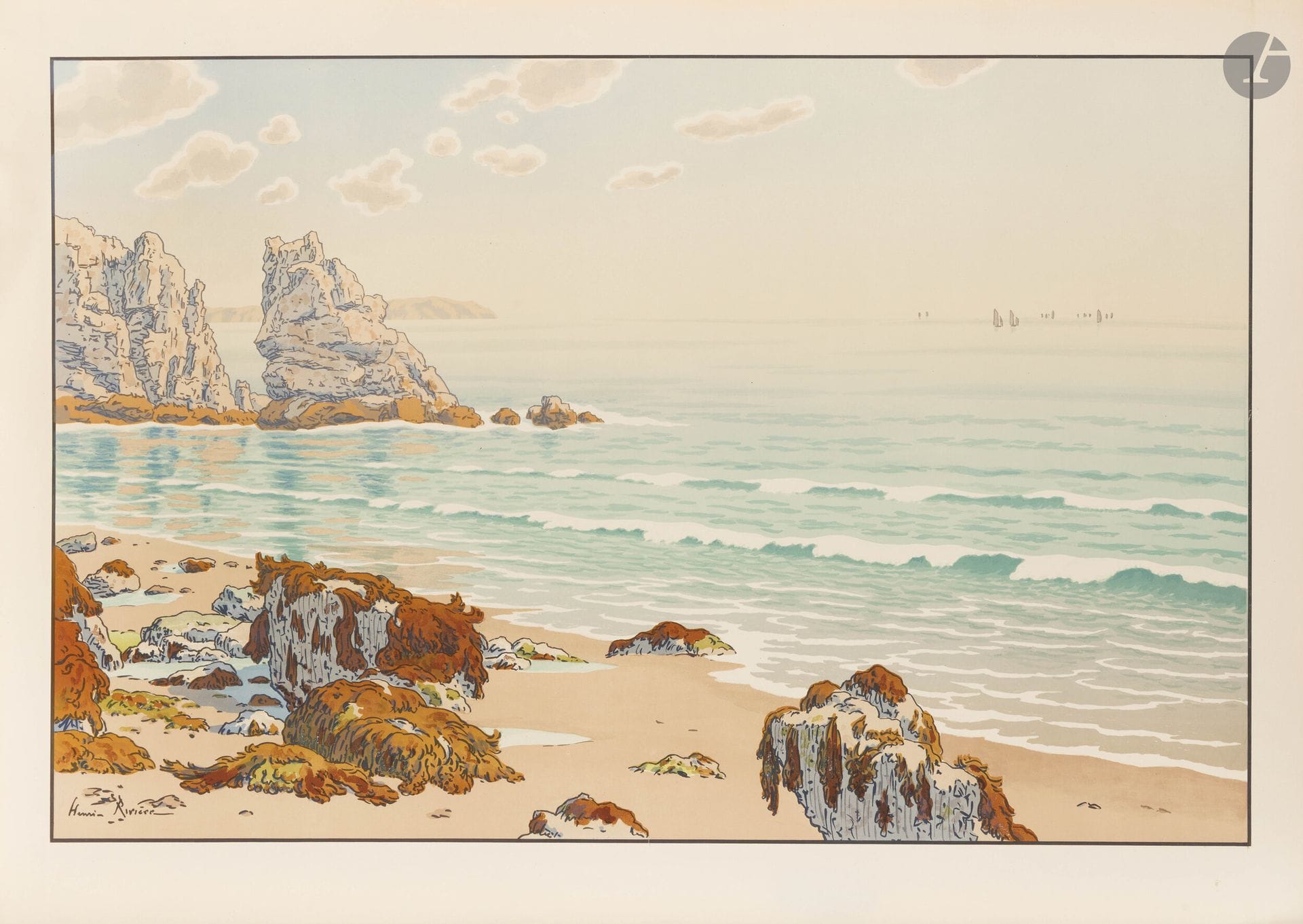 Henri Rivière (1864-1951)
La Mer (plage du Portzic, presqu’île de Crozon). (Pl. des Aspects de la Nature). 1908. Lithographie. 828x540mm. Levasseur-Le Bohec 14. Impression en couleurs. Très belle et fraîche épreuve sur vélin glacé. Toutes marges.
