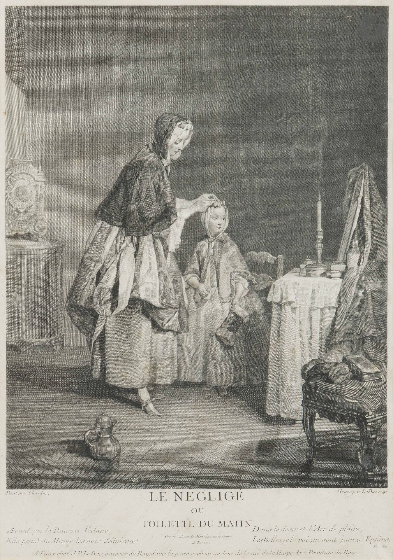 Jean Siméon Chardin (1699-1779) (d’après)
Le Négligé, ou Toilette du matin. 1741. Gravé par J. Ph. Le Bas. À vue: 265x375mm. Bocher 38. Très belle épreuve sur vergé. Menues rousseurs claires. Petite épidermure dans la lettre en bas à droite. Cadre (non examinée hors du cadre). 

Le tableau original figura à l’exposition des tableaux du Louvre en 1741, sous le titre Un tableau représentant le négligé, ou toilette du matin, appartenant à M. le Cte de Tessin. Il est aujourd’hui conservé au Musée National de Stockholm.
«Rien n’est plus simple en effet ni plus heureusement saisi que l’action d’une mère attentive qui attache une épingle à la coiffure de sa fille. Quelque chose de plus piquant encore, c’est le mouvement du cœur d’un enfant que l’habile peintre a trouvé l’art d’exprimer par un regard que la petite fille lance dans un miroir, comme à la dérobée, pour satisfaire sa petite vanité et voir par elle-même si les soins de sa chère mère l’ont embellie.» (Mercure de France, octobre 1741).