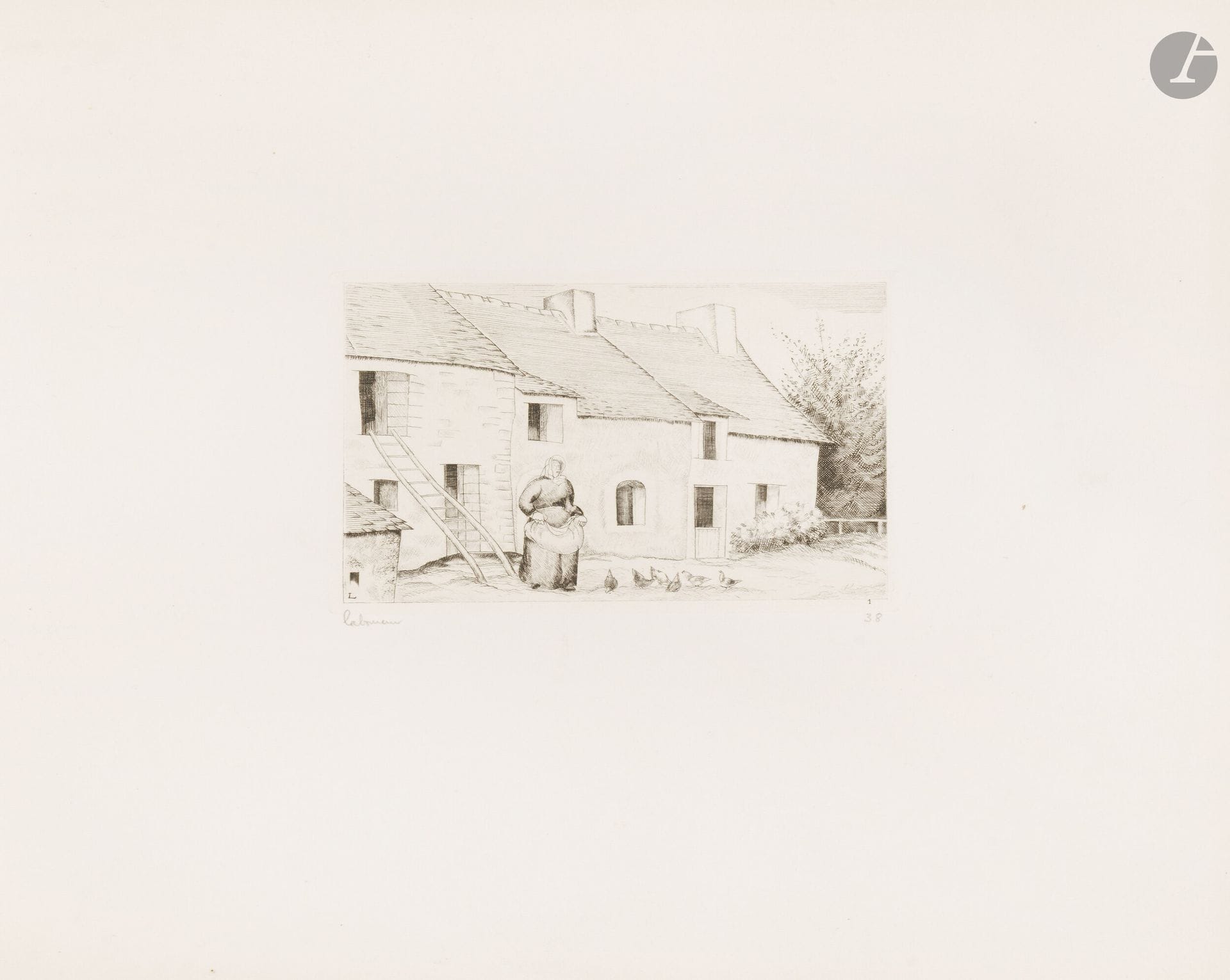 Jean-Émile Laboureur (1877-1943)
Cahier de six paysages. 1928-1929. Un album oblong [320x290mm] contenant une suite de 6 pl. Eau-forte. Laboureur 386-391. Très belles épreuves sur vélin blanc, signées et numérotées au crayon, chacune portant le timbre sec de l’éditeur Marcel Guiot (Lugt non décrit). L’un des 120 exemplaires ordinaires, numéroté et signé à la plume et à l’encre par l’artiste. Tirage total à 150 ex. Chemise imprimée, portefeuille cartonné vert à rabats et sa jaquette imprimée (défraîchie).