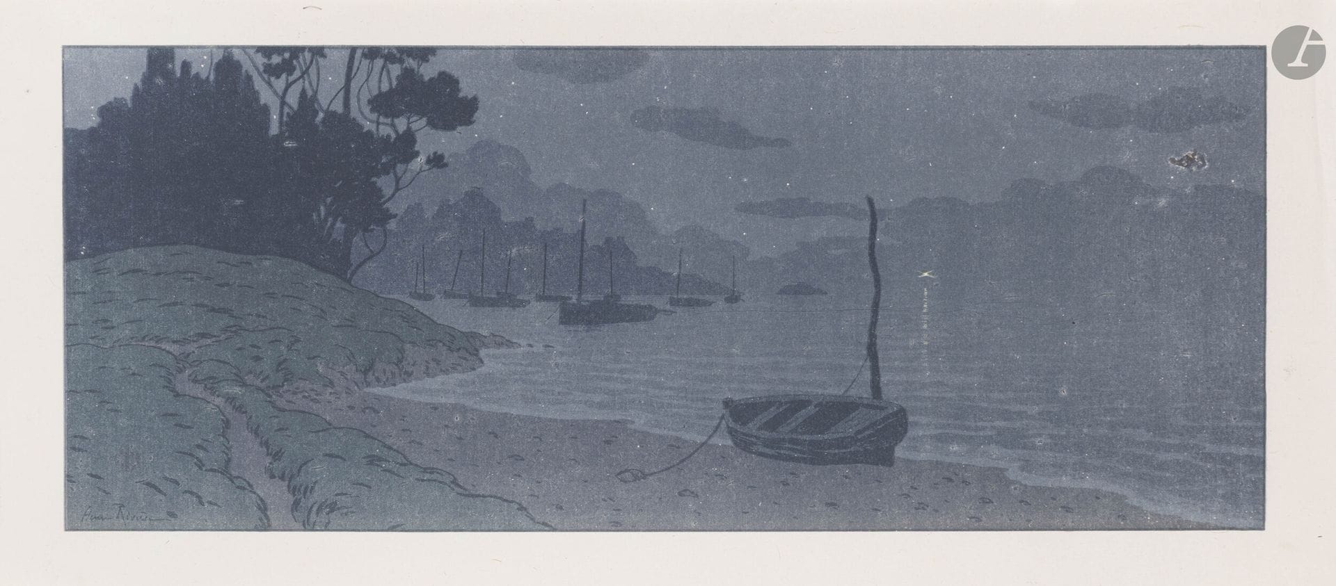 Henri Rivière (1864-1951)
La Nuit. (Pl. de La Féerie des heures). 1902. Lithographie. 600x240mm. Levasseur-Le Bohec76. Impression en couleurs. Très belle épreuve sur chine volant. Corps étranger oxydé dans le ciel à droite (inhérent à la texture du papier). Fins plis cassés verticaux au bord droit du feuillet. Petit arrachement dans l’angle supérieur gauche. Toutes marges.