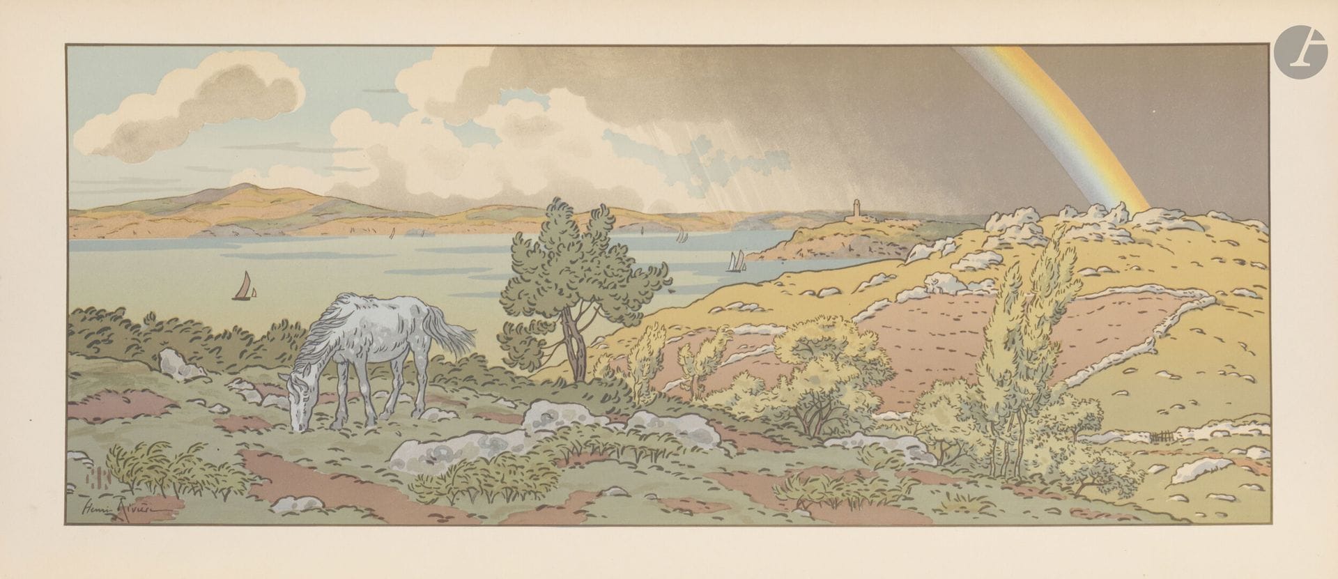 Henri Rivière (1864-1951)
L’Arc-en-ciel. (Pl. de La Féerie des heures). 1901. Lithographie. 598x240mm. Levasseur-Le Bohec 64. Impression en couleurs. Très belle épreuve sur vélin glacé ivoire. Toutes marges.