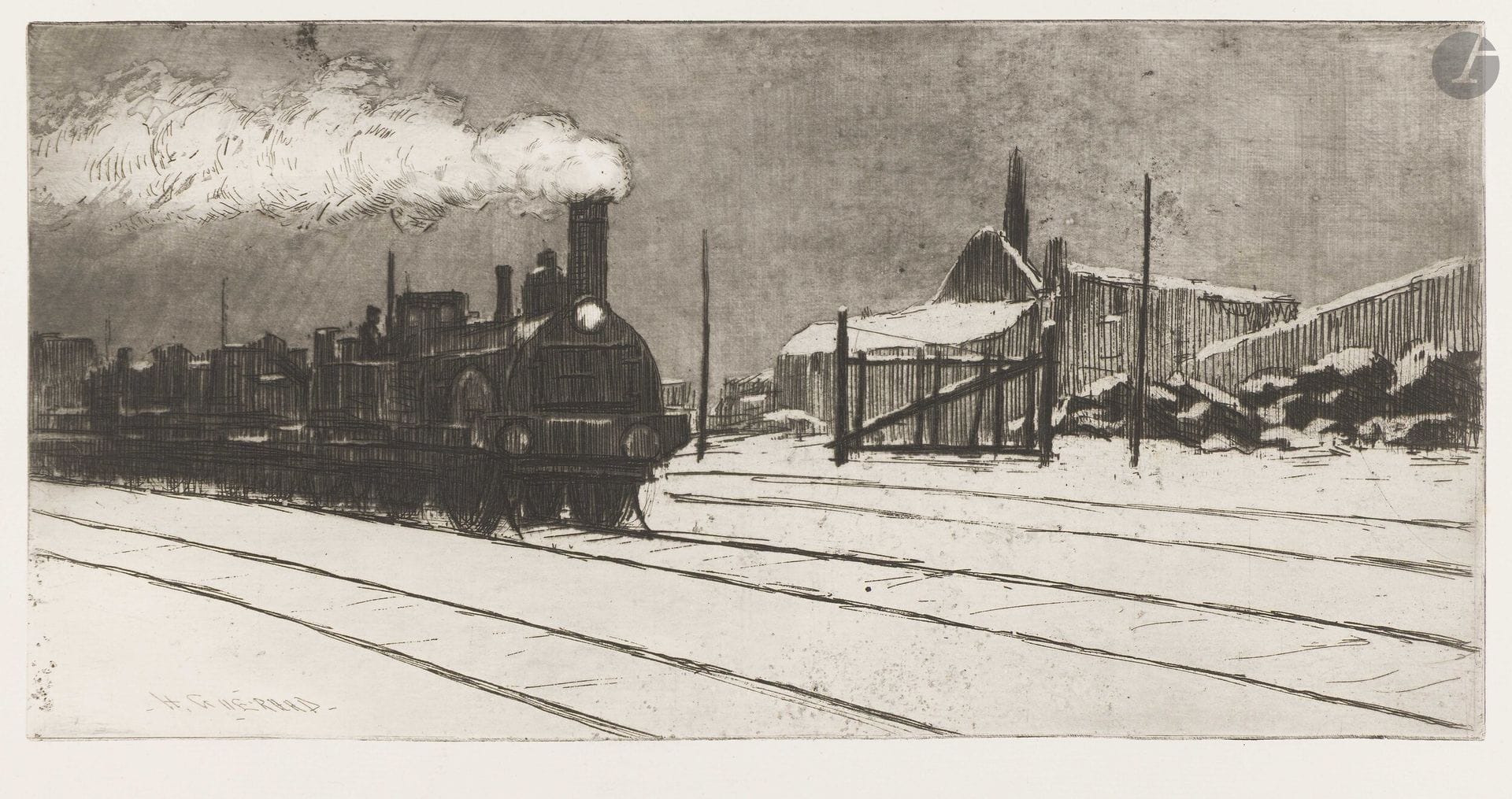 Henri Guérard (1846-1897)
Large locomotive, snow effect. Before 1888. Etching and roulette. 385x188. Beraldi 239; Bertin 264. Very fine proof on white laid paper. Slight lack in lower left margin. Full margins.