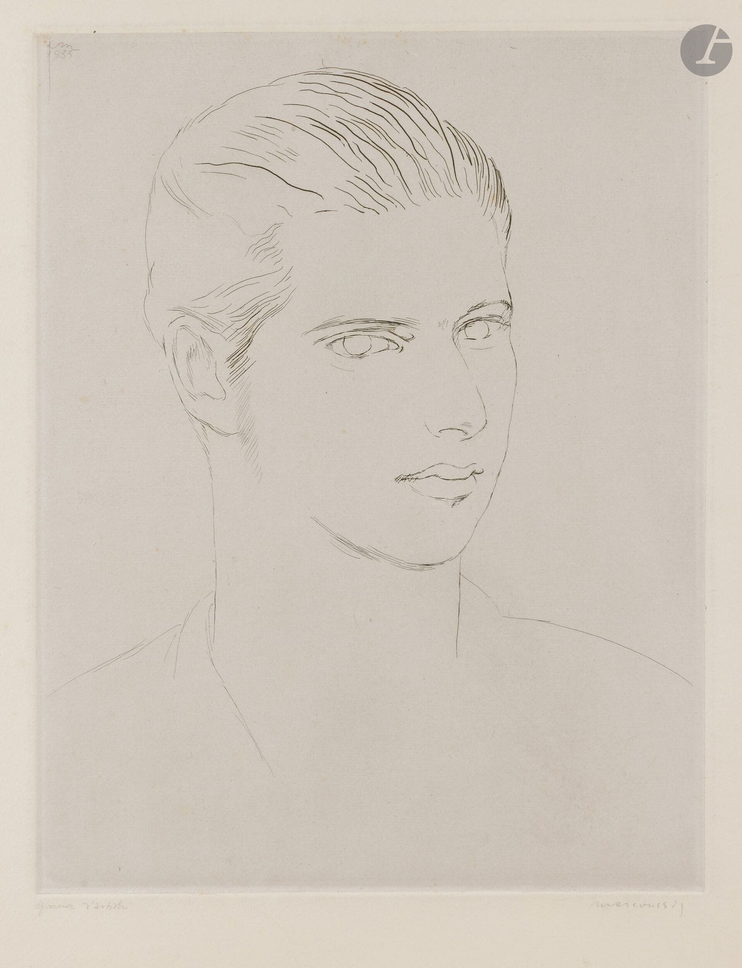 Louis Marcoussis (1883-1941)
Horace Titus [fils d’Helena Rubinstein]. 1933. Eau-forte. 290x376mm. Milet 100. Belle épreuve sur chine appliqué, annotée «épreuve d’artiste» et signée au crayon, puis titrée en pied et annotée «essai sur chine 1/1». Légère oxydation du feuillet. Petites taches (éclaboussures) en pied. Toutes marges. Étiquette avec numéro au composteur, timbre de douane et timbre de l’atelier au verso. 

Provenance:
Atelier de l’artiste.
