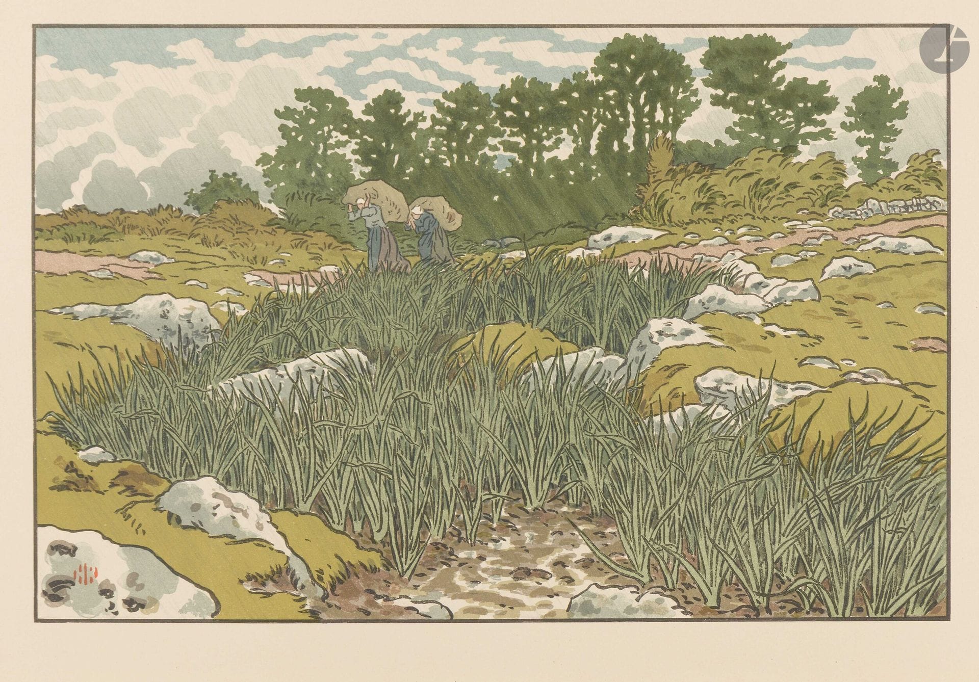Henri Rivière (1864-1951)
Ruisseau à Lopérec. (Pl. pour Le Beau Pays de Bretagne). 1901. Lithographie. 350x228mm. Levasseur-Le Bohec81. Impression en couleurs. Parfaite épreuve sur vélin glacé. Toutes marges.