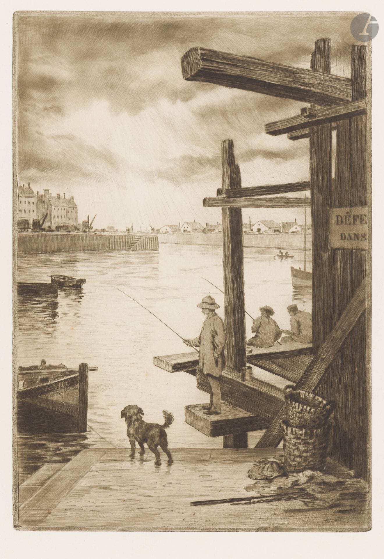 Henri Guérard (1846-1897)
The Old Carousel (Two Horses on the Cliff). Circa 1888. Etching and aquatint. 478x295mm. Bertin 222. Fine proof on cream laid paper pasted in full on strong cream vellum, signed in pencil. Dusting and oxidation at the edges and glue residue on the reverse. Good reduced margins. Joint: 1) Échafaudages dans la cale au Pollet, Dieppe, ou Pêcheurs à la ligne. Before 1890. Drypoint and roulette. 248x360mm. Bertin 219. Very fine proof on cream laid paper. Dust and foxing to edges. Full margins. 
2) Quarries in Vanves (Seine). Before 1888. Drypoint and black manner. 475x293mm. Bertin 275. Perfect proof printed in bistré black on cream laid paper. Full margins. Set of 3 p.