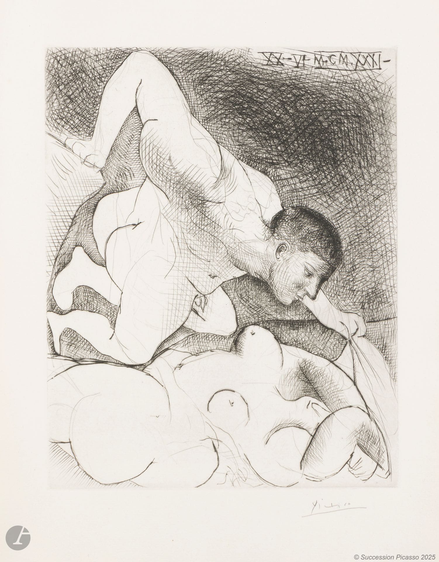 Pablo Picasso (1881-1973)
Homme dévoilant une femme. (Suite Vollard, pl. 5). 20 juin 1931. Pointe sèche. 293x360mm. Bloch 381; Baer 203 II B c. Très belle épreuve sur vergé de Montval, l’une des 50 du tirage à grandes marges [380x497mm], signée au crayon. Numéro 203 dans l’angle inférieur gauche au crayon de la main de H. M. Petiet. Infime oxydation aux bords du feuillet. Cadre (non examinée hors du cadre), avec au verso étiquettes de la galerie Ziegler à Zurich.