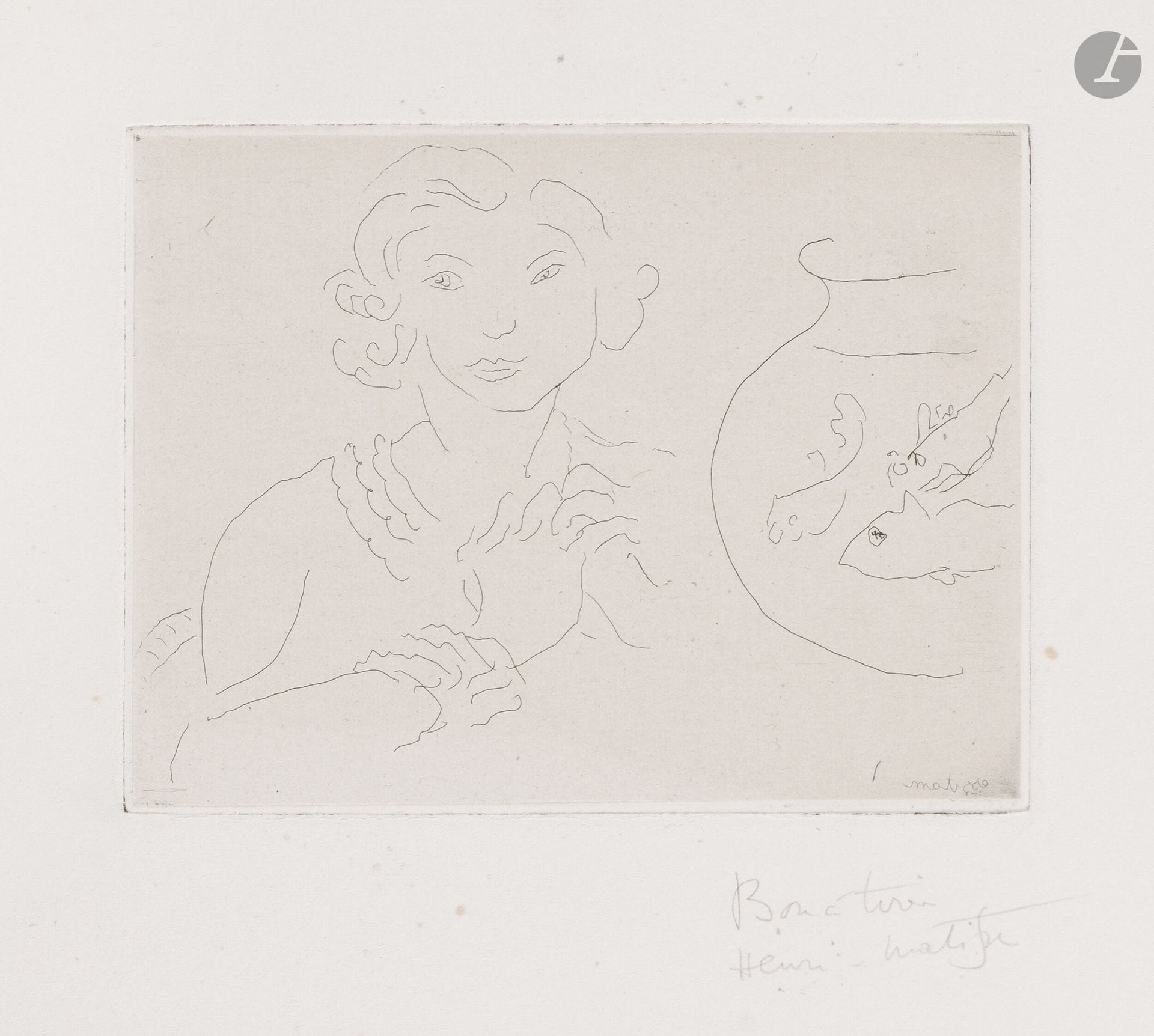 Henri Matisse (1869-1954)
Jeune femme, mains croisées, près d’un bocal de poissons. 1929. Eau-forte. 92x126mm. Duthuit-Garnaud 170. Très belle épreuve sur chine appliqué, annotée «Bon à tirer» et signée au crayon. Quelques rousseurs claires éparses. Très légère oxydation du feuillet. Toutes marges non ébarbées [380x285mm]. Tirage définitif à 25 épreuves. 

Provenance:
Henri Marie Petiet (1894-1980).