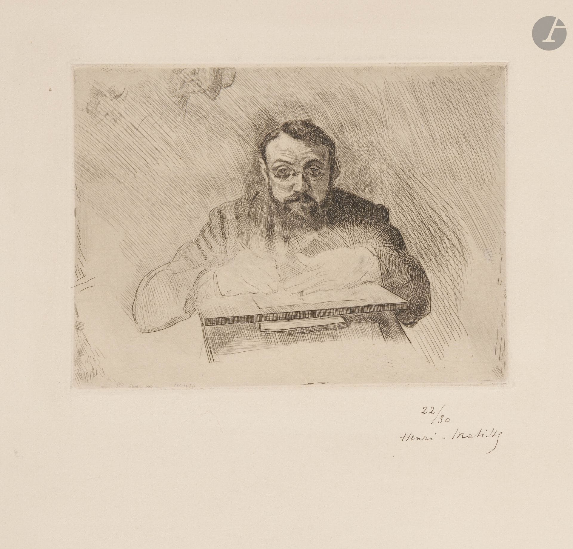 Henri Matisse (1869-1954)
Henri Matisse gravant. 1900-1903. Pointe sèche. 198x148mm. Duthuit-Garnaud 1. Très belle épreuve sur vélin fort ivoire filigrané «Van Gelder Zonen», numérotée et signée à la plume et à l’encre. Très légère oxydation aux bords du feuillet. Très court pli cassé dans l’angle inférieur gauche. Toutes marges [465x318mm]. Tirage à 30 épreuves. 

Provenance:
Henri Marie Petiet (1894-1980).

«Dans cette planche, il se représente en train de graver à la manière de Rembrandt dans sa célèbre estampe de 1648 […] Comme ce dernier, il lève les yeux de la plaque qu’il est en train de graver pour scruter le spectateur.» (P. Deparpe éd., Matisse et la gravure; l’autre instrument, Milan, Silvana Editoriale, 2015, p.121).