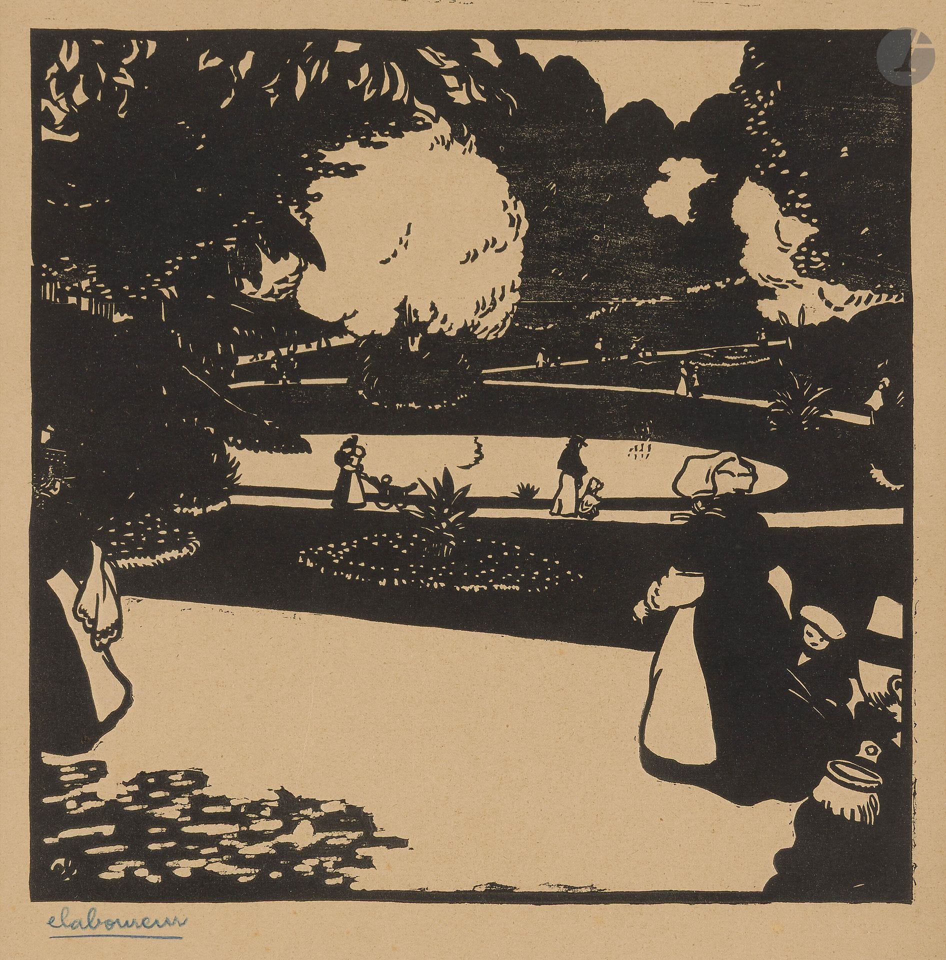 Jean-Émile Laboureur (1877-1943)
Le Jardin public (Nantes). 1900. Bois gravé. 240x238mm. Laboureur 603. Très belle et rare épreuve sur vélin mince chamois, signée au crayon bleu. Infimes rousseurs, traces de plis et menus accidents, dont une déchirure de 30mm habilement consolidée au bord supérieur droit. Toutes marges. De toute rareté. Tirage total à 11 épreuves. Ex-coll. H. M. Petiet (Lugt 5031).