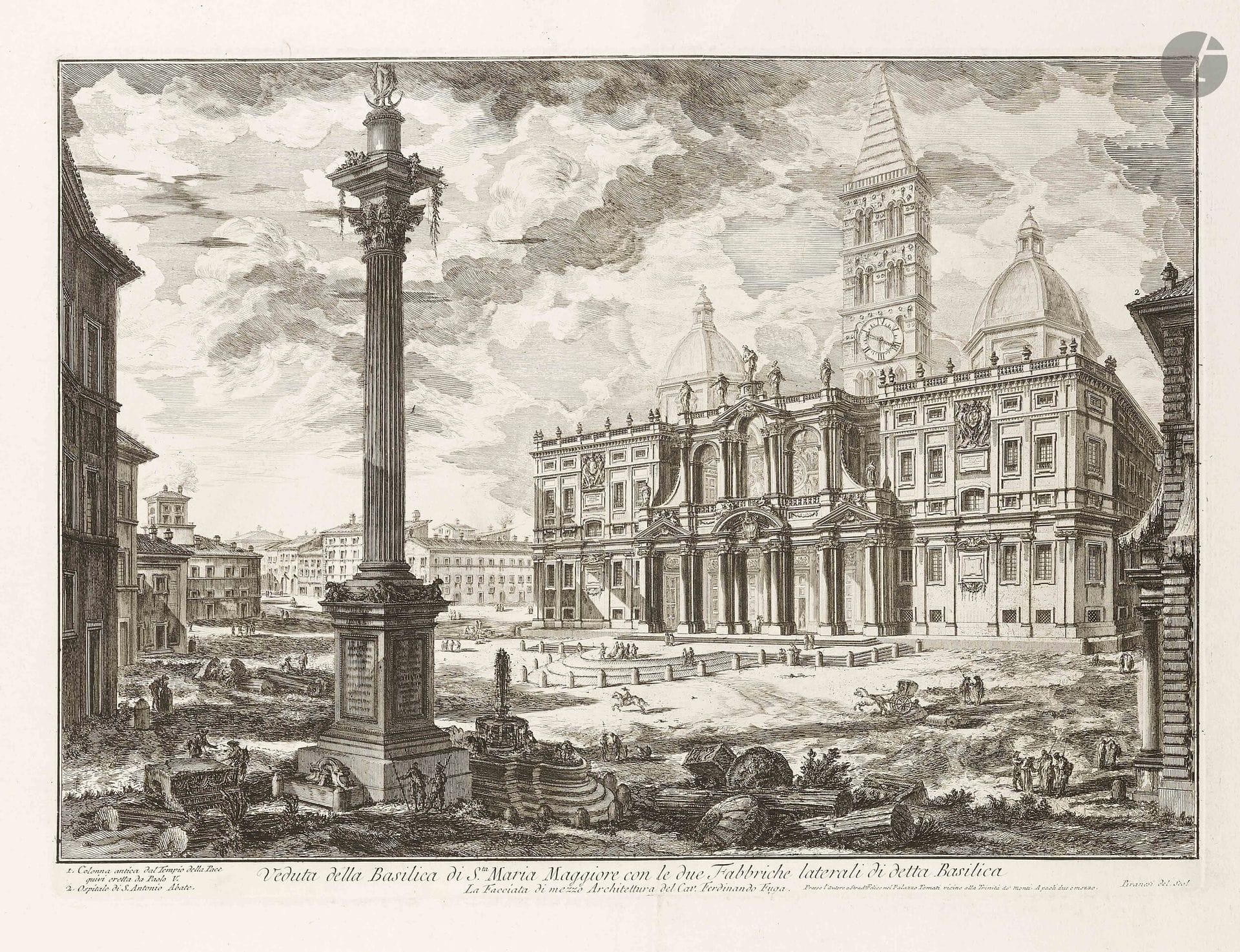 Giambattista Piranesi (1720-1778)
Veduta della Basilica di Sta Maria Maggiore con le due Fabbriche laterali di detta Basilica (Basilique Sainte-Marie Majeure); Veduta della Basilica di S. Lorenzo fuor delle mura (Basilique Saint-Laurent); Veduta della vasta Fontana di Trevi, anticamente detta l’Acqua Vergine (Fontaine de Trevi); Veduta del Palazzo Odescalchi (Palais Odescalchi). 1749-1753. Eau-forte et burin. 546-655x375-405mm. Hind 9 (iii/vi), 12 (ii/v), 19 (iv/vii) et 26 (ii/v). Très belles épreuves sur vergé. Pli vertical médian normal. Légères rousseurs et oxydation. Toutes marges. Tirage romain. Ens. 4 p.

Provenance:
Michel Romand (1929-2013), arrière-petit-fils d’Edmond Sagot (1857-1917).