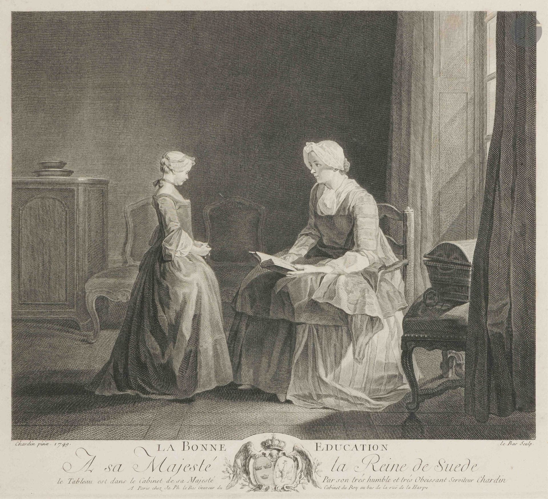 Jean Siméon Chardin (1699-1779) (d’après)
La Bonne éducation. 1757. Gravé par J. Ph. Le Bas. À vue: 335x310mm. Bocher 7. Très belle épreuve sur vergé, légèrement insolée. Marges. Cadre (non examinée hors du cadre) – étiquette de Maurice Rousseau au verso. 

Le tableau original figura à l’exposition des tableaux du Louvre en 1753, sous le titre Une jeune fille qui récite son évangile. Il se trouve aujourd’hui au Musée des beaux-arts de Houston.