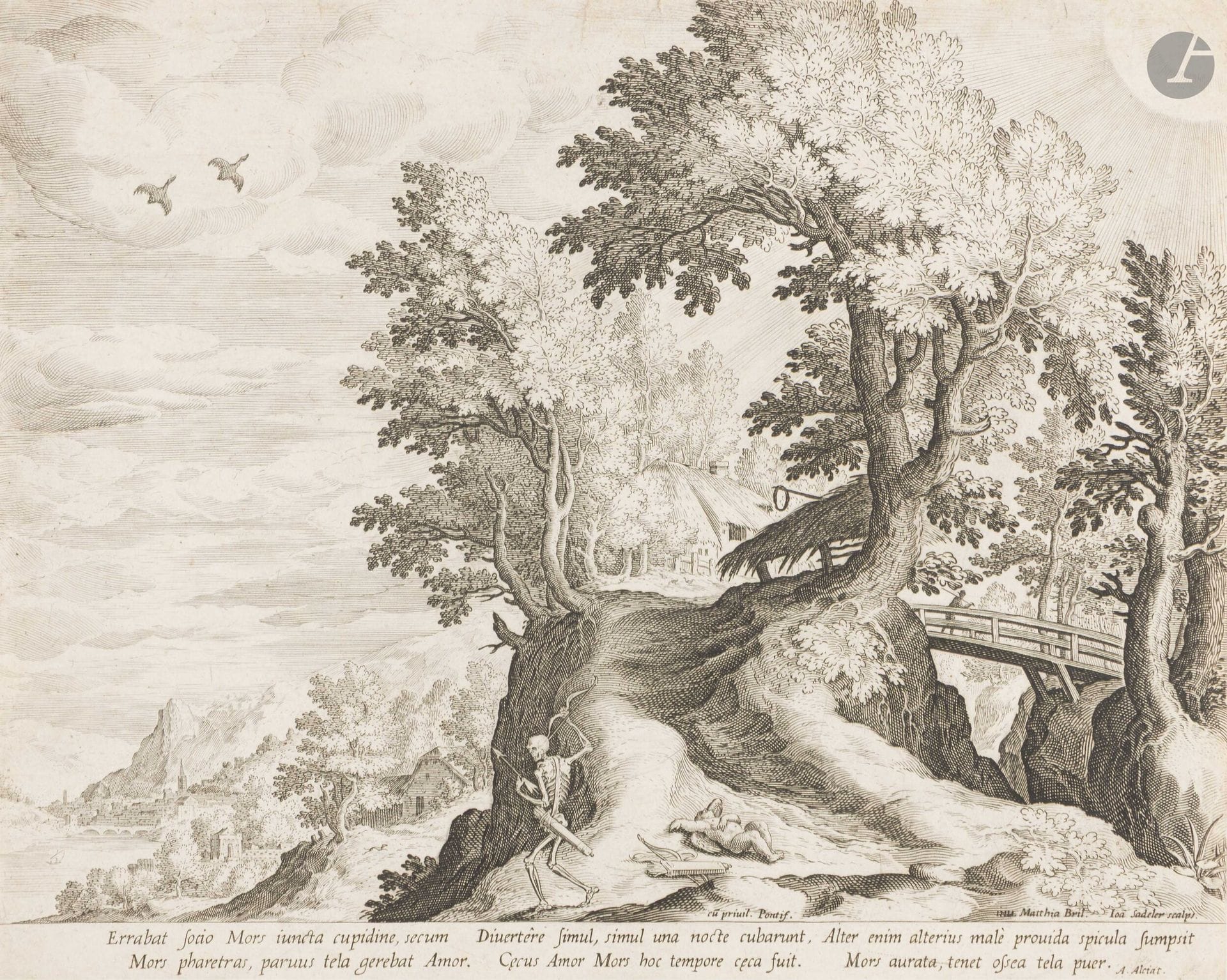 Jan Sadeler I (1550-1600)
Paysage avec la Mort et Cupidon endormi. Vers 1595-1600. Gravé d’après Bril. 268x212mm. Hollstein 577. Très belle épreuve sur vergé mince, rognée au sujet mais complète de la tablette. Très légères traces de colle aux bords au verso.