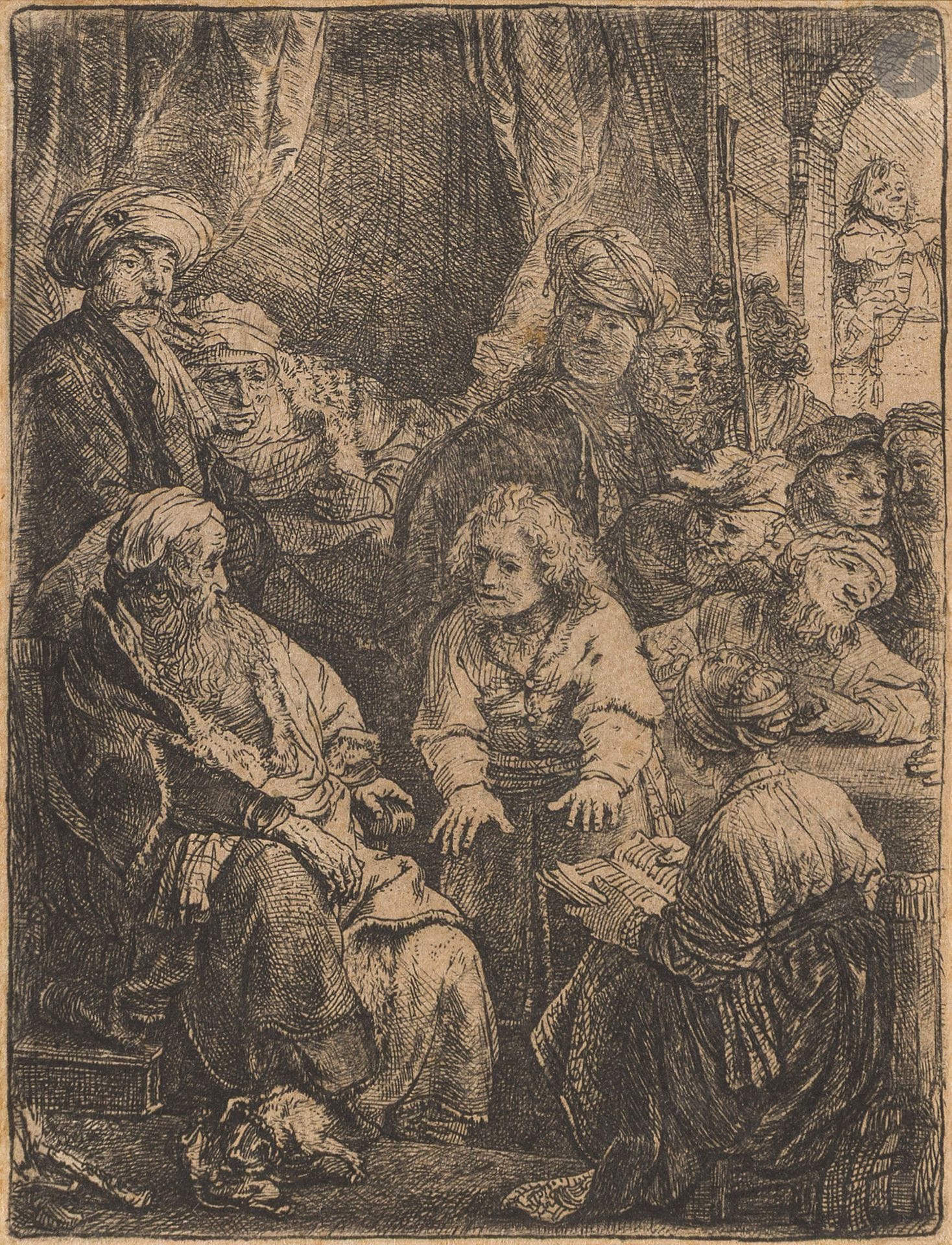 Rembrandt Harmensz. van Rijn (1606-1669)
Joseph racontant ses songes devant sa famille. 1638. Eau-forte. 85x112mm. Bartsch 37; New Hollstein 167. Bonne épreuve sur vergé, avec de nombreuses reprises dans le sujet, d’un tirage de la seconde moitié du XIXe (Bernard), rognée au coup de planche et collée par les angles.
