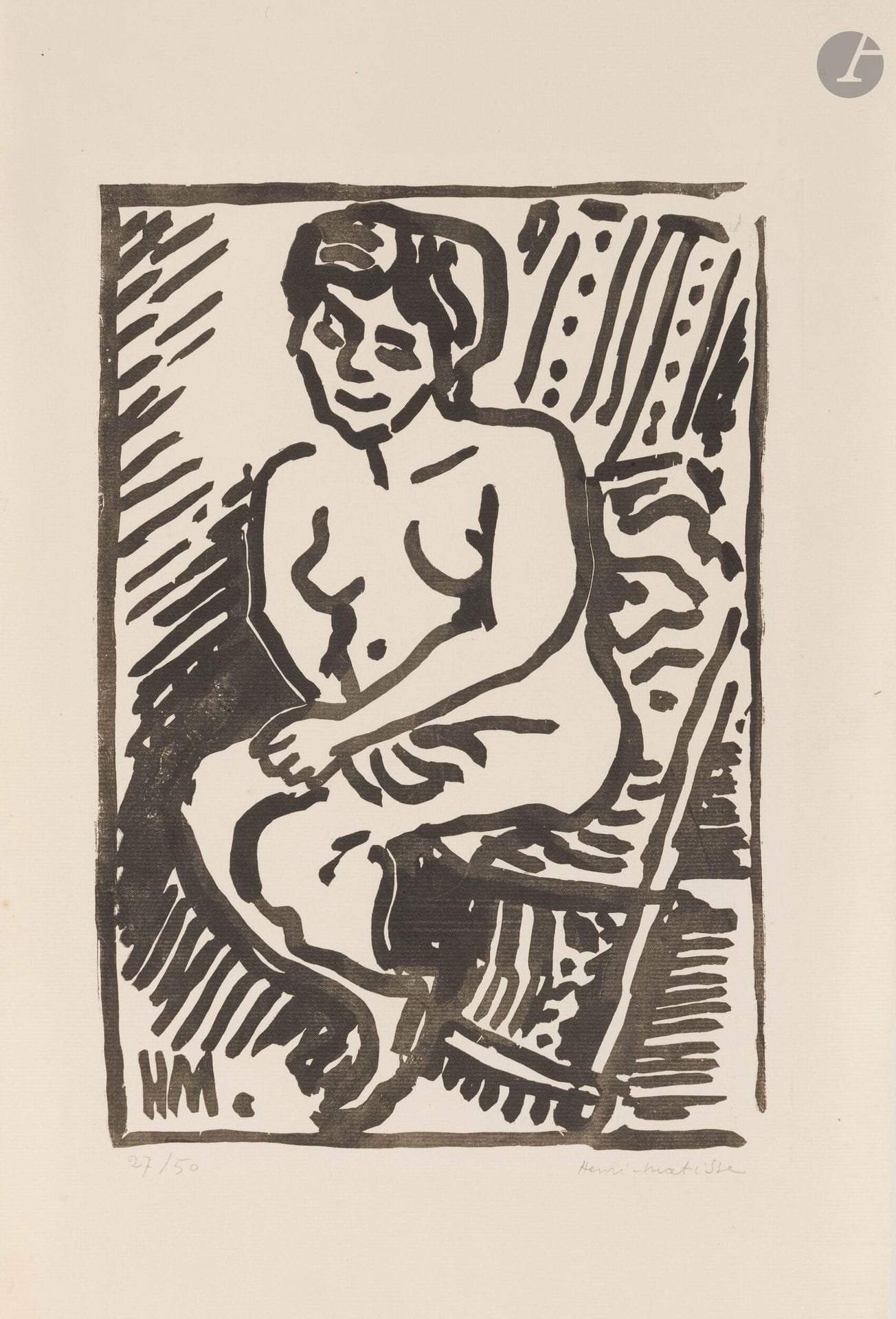 Henri Matisse (1869-1954)
Petit bois noir. 1906. Bois gravé. 212x311mm. Duthuit-Garnaud 319. Très belle épreuve sur vergé filigrané «Van Gelder Zonen», numérotée et signée au crayon. Annotation de la main de H. M. Petiet en pied: «HP». Une petite rousseur au bord gauche. Petit manque et infime trace de pli dans l’angle inférieur droit. Quelques petits restes de papier gommé aux bords au verso. Toutes marges [290x460mm]. Tirage à 50 épreuves. 

Provenance:
Henri Marie Petiet (1894-1980).
