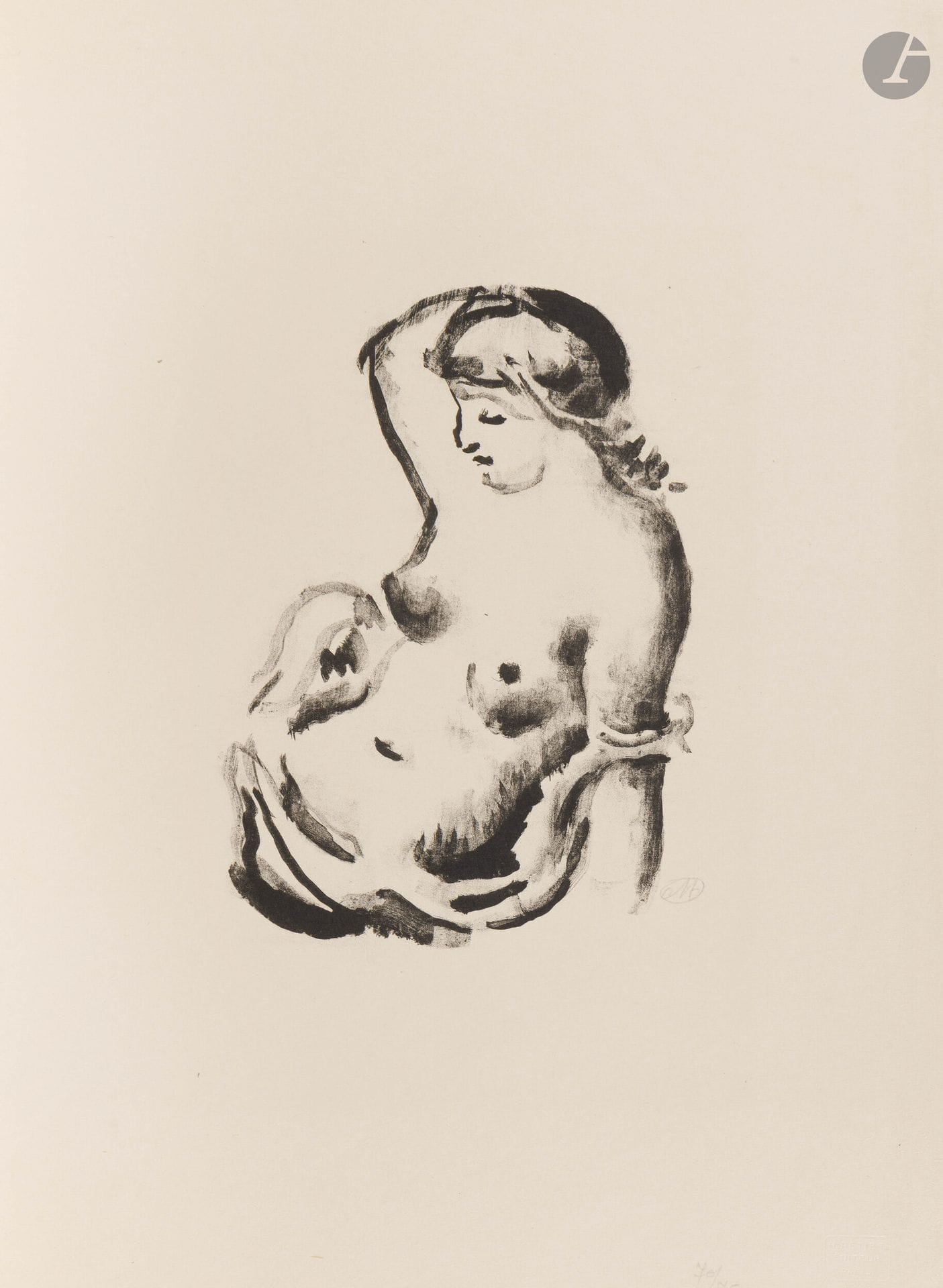 Aristide Maillol (1861-1944)
Femme assise vue à mi-corps. 1927. Lavis lithographique. 130x185mm. Guérin 290. Parfaite épreuve sur japon, signée du monogramme au crayon puis numérotée en pied du feuillet. Toutes marges. Tirage à 75 épreuves. Timbre sec: H. Petiet éditeur Paris (Lugt 2021a).