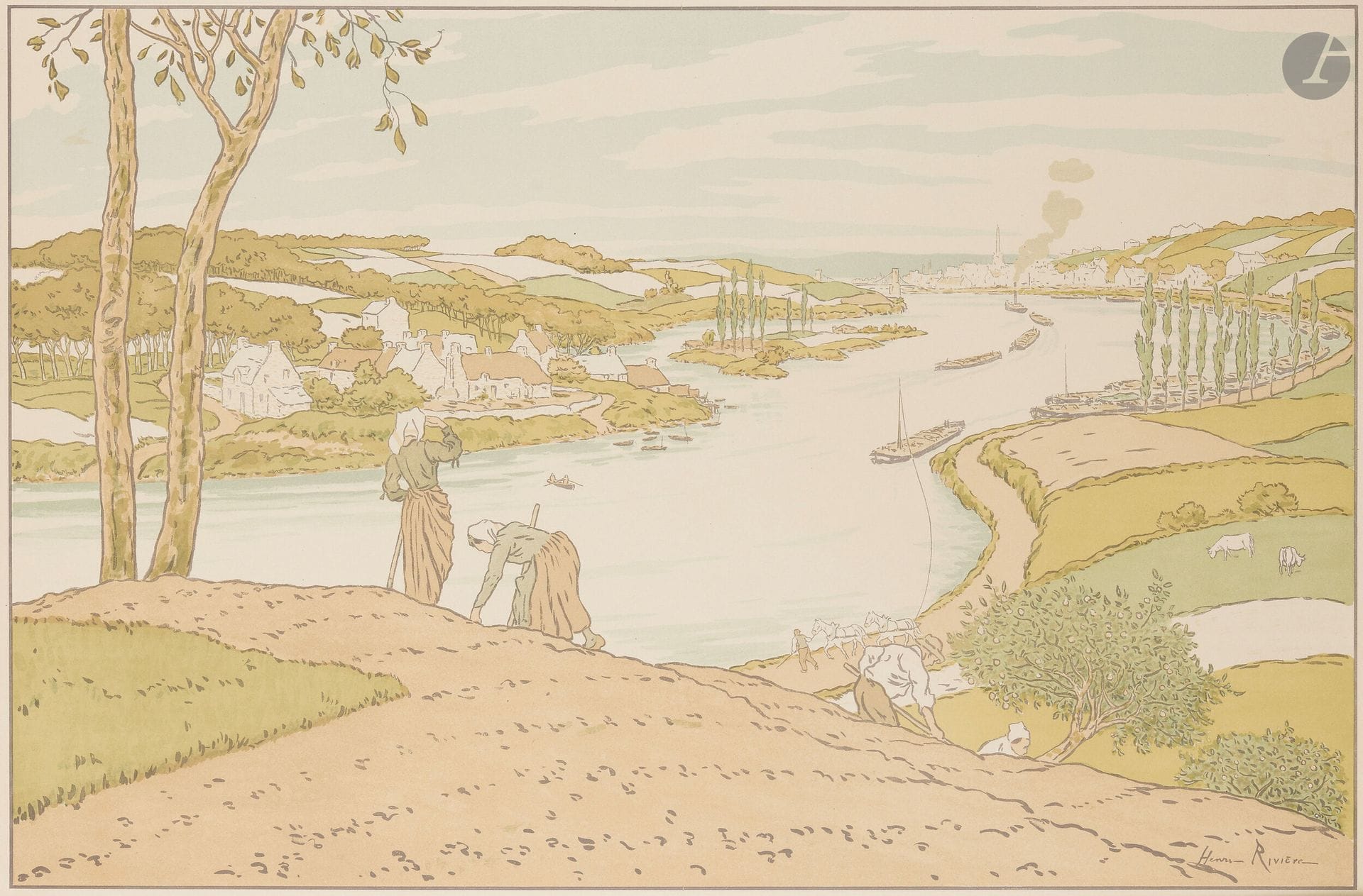 Henri Rivière (1864-1951)
Le Fleuve (Le Trieux et Lézardrieux). (Pl. des Aspects de la nature). 1897. Lithographie. 830x545mm. Levasseur-Le Bohec 6. Impression en couleurs. Très belle épreuve d’essai sur vélin glacé ivoire, sans une pierre de gris-bleu (notamment dans la manche du paysan au premier plan et dans les pignons des maisons). Numéro 6 au crayon bleu dans l’angle inférieur droit. Légères salissures (maculatures) hors du sujet. Toutes marges.