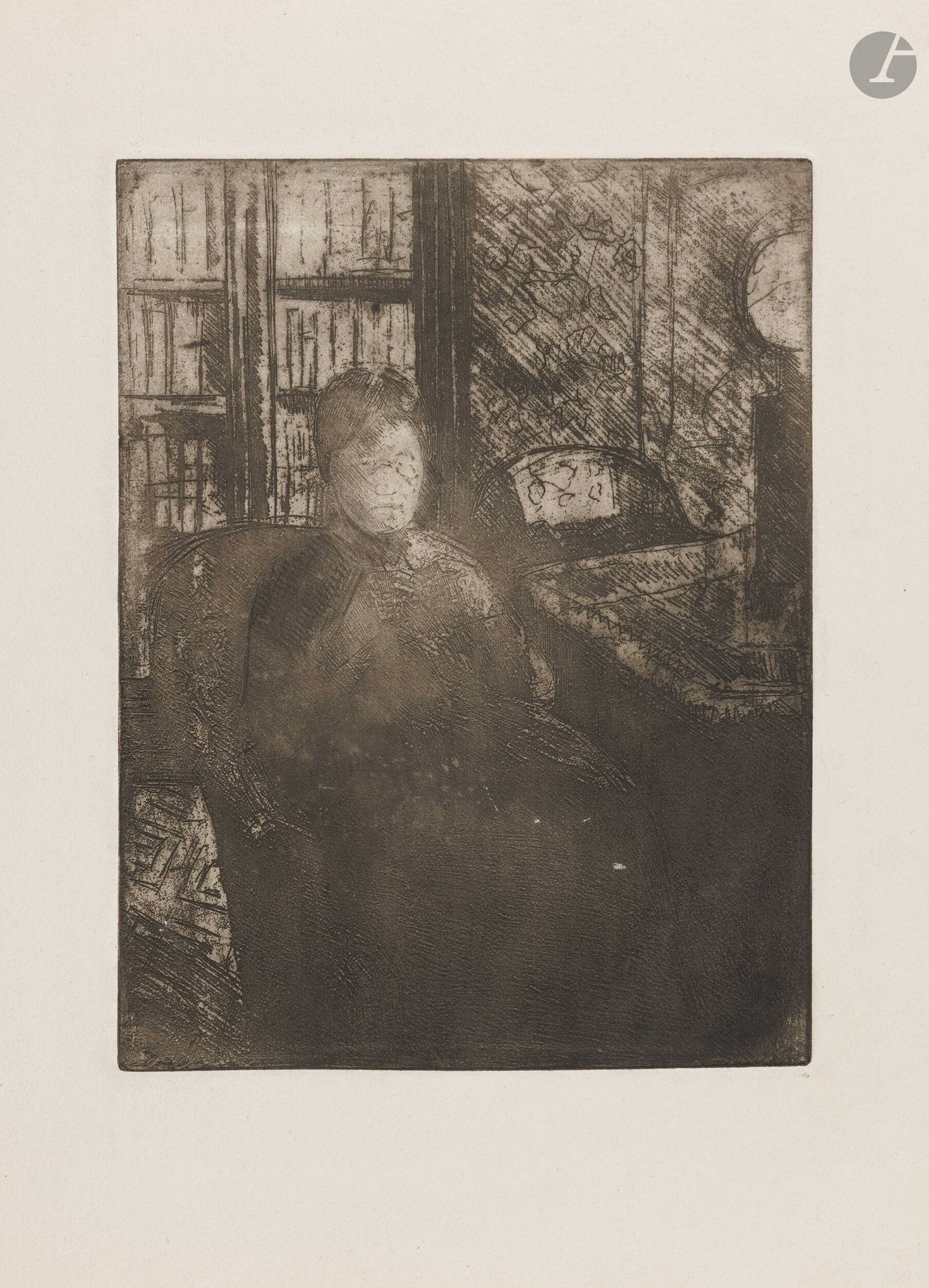 Mary Cassatt (American, 1844-1926)
Knitting in the Glow of a Lamp. Circa 1880. Soft varnish. 225x295 [337x440mm]. Perfect proof on heavy cream laid paper, unsigned. Full margins. 

Provenance: Ambroise Vollard
Ambroise Vollard (1866-1939) then Henri Marie Petiet (1894-1980).