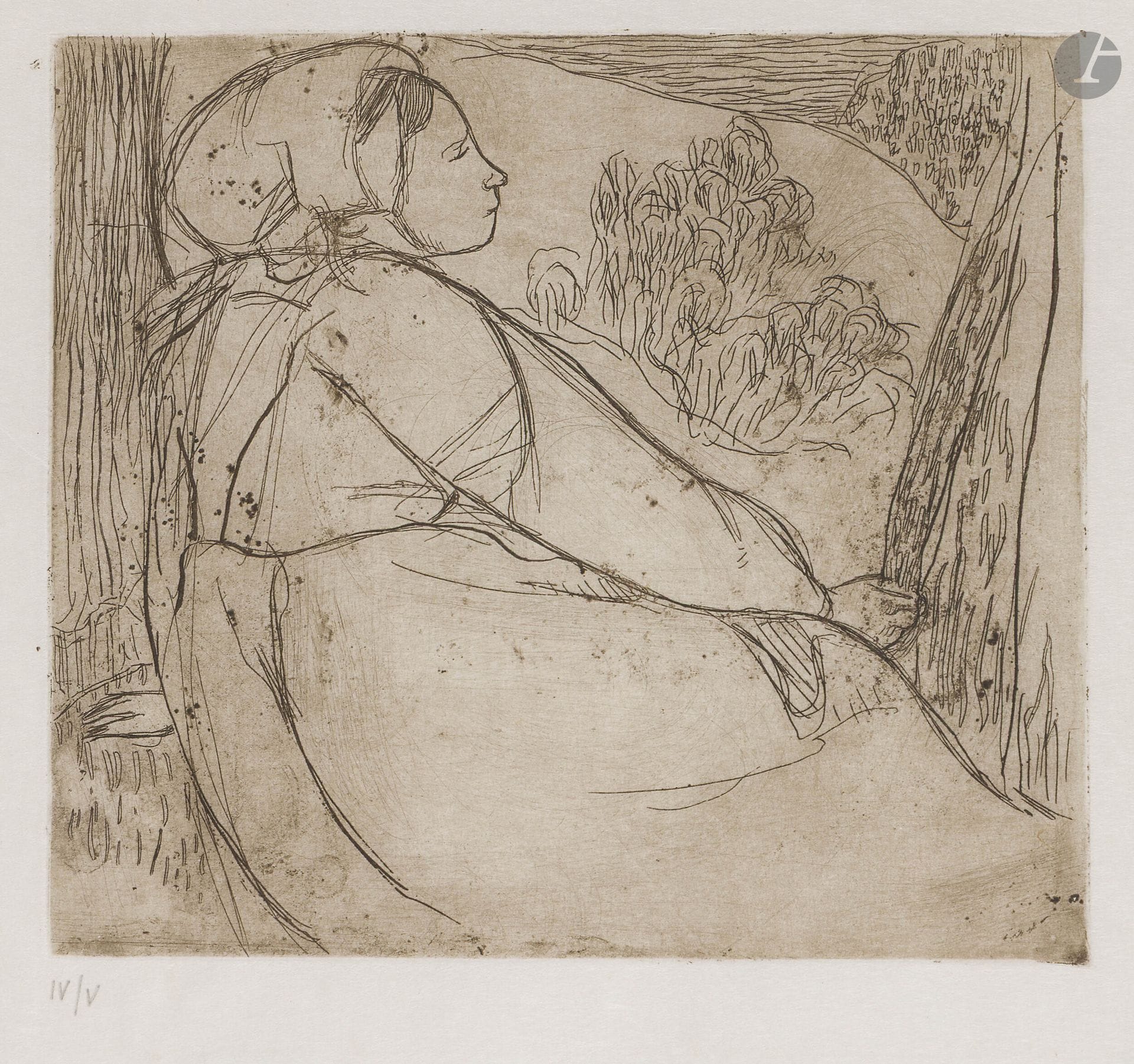Armand Seguin (1869-1903)
Jeune paysanne assise de profil; Jeune paysanne accroupie. Vers 1893-1894. Eau-forte. 190x170 et 172x177mm. Field51 et 61. Impression en brun. Très belles épreuves sur japon mince blanc, du tirage postérieur de Malingue, numérotées au crayon en chiffres romains. Toutes marges. Ens. 2 p.