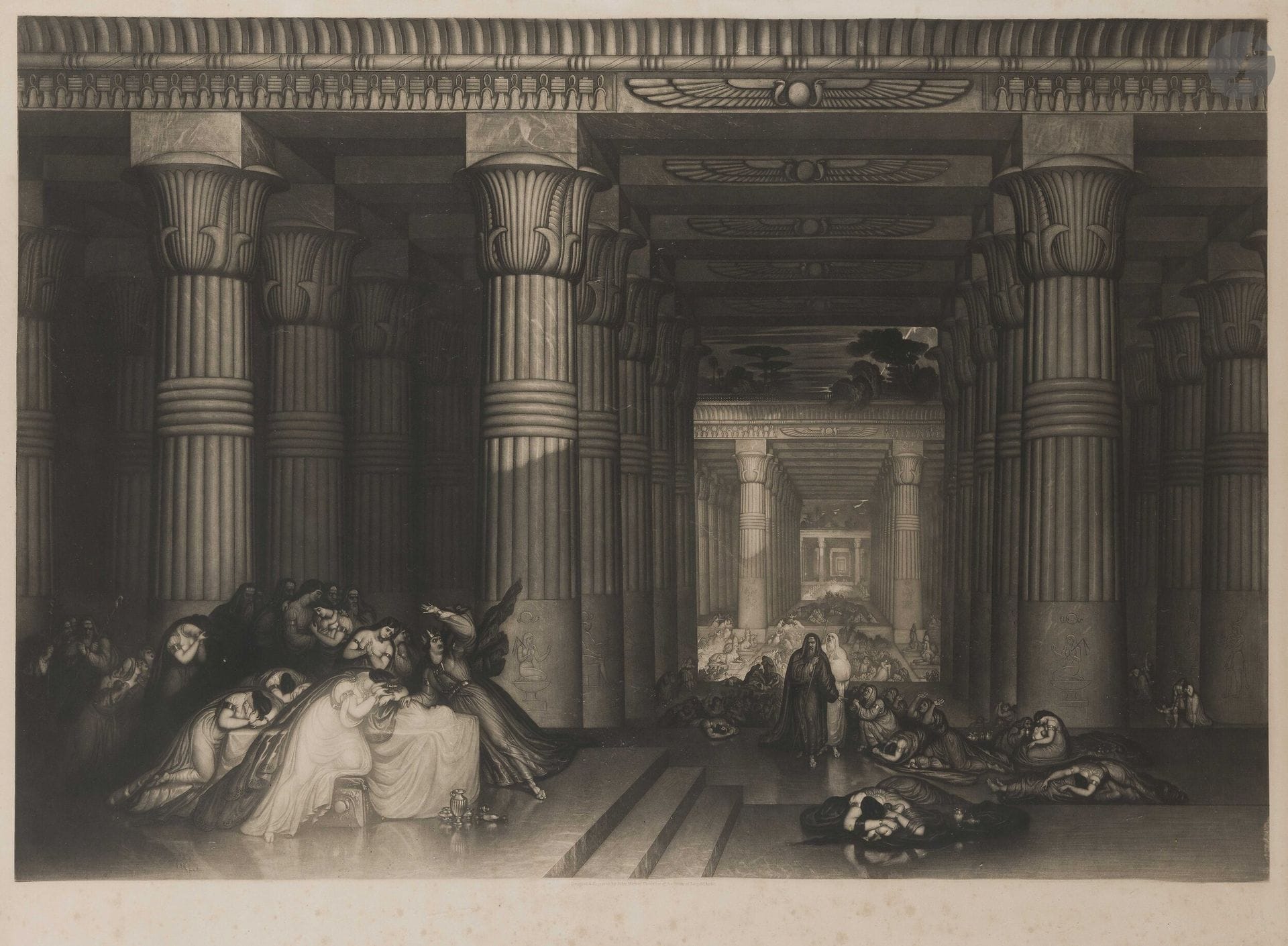 John Martin (1789-1854)
The Death of the First-Born (Le Massacre des innocents). 1836. Manière noire. À vue: 855x620mm. Belle épreuve sur vélin. Rousseurs claires éparses. Toutes marges. Cadre (non examinée hors du cadre).