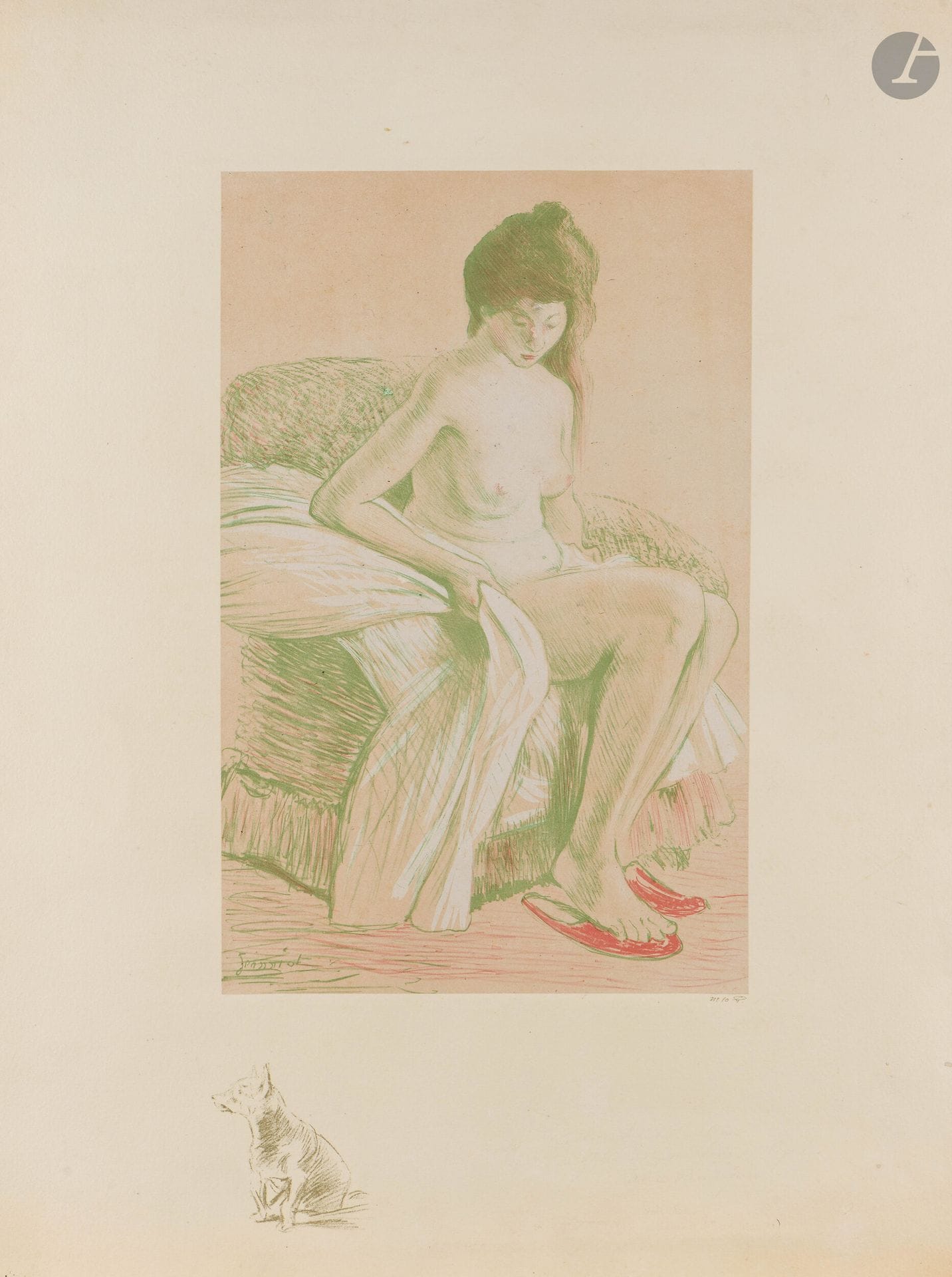 Pierre-Georges Jeanniot (1848-1934)
Woman wiping herself. Circa 1895-1900. Lithograph. 250x510mm. Color print. Very fine proof on chine appliqué, with olive-green remark (dog seated in profile), numbered and initialed by the publisher G. Pellet in pen and ink (Lugt 1194) then stamped in the lower right corner (Lugt 1190). Some light freckling and tiny rust spots in the subject. Slight dusting and oxidation at the edges of the folio. Creases and small accidents in the upper corners. Very wide margins.