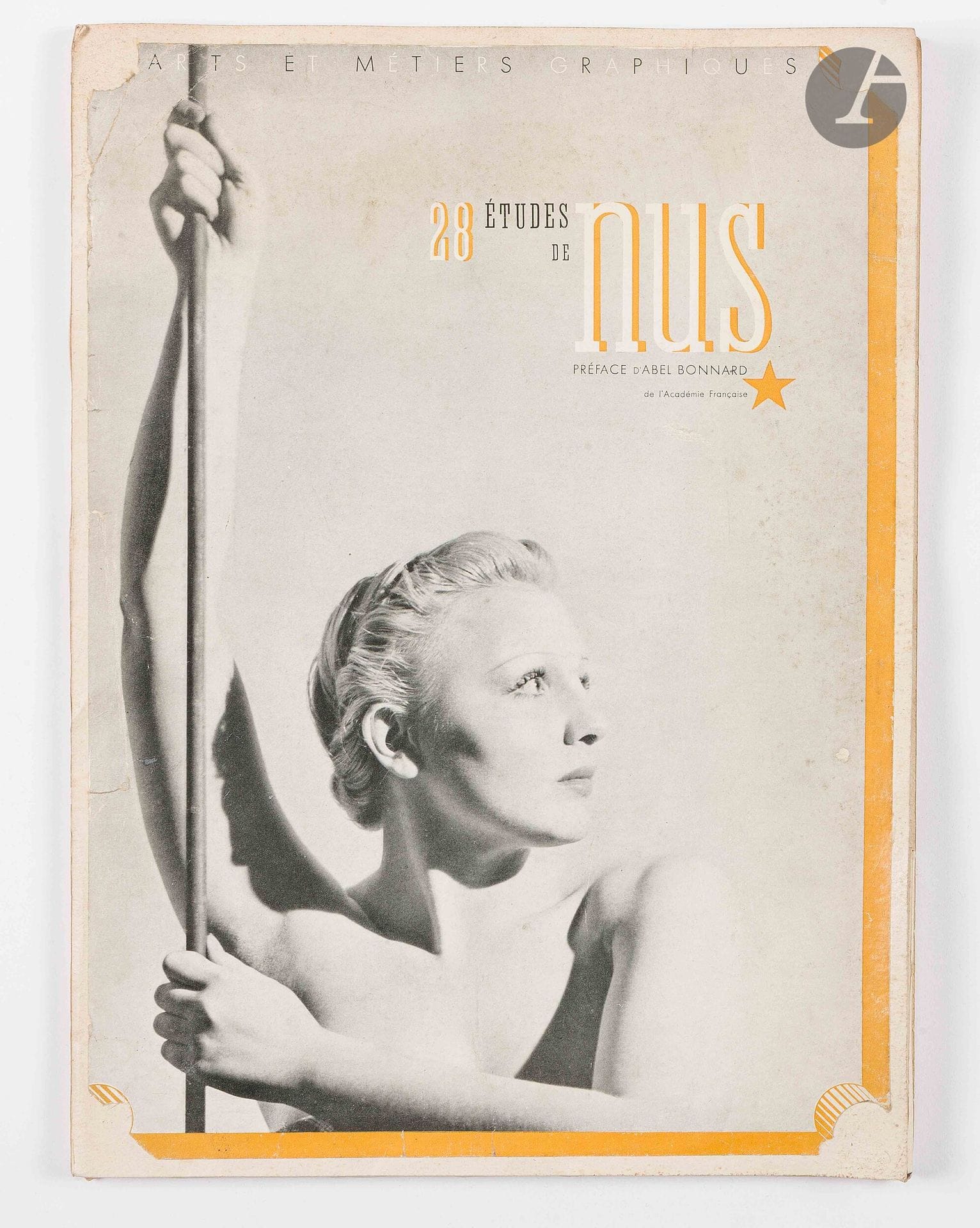 DUVAL, RÉMY (1907-1984)
28 nude studies.
Arts et Métiers Graphiques, Paris, 1936.
In-folio (37 x 26 cm). First edition, in plates, in portfolio with illustrated plate on the 1st cover. 4 title pages, table of photographs and preface by Abel Bonnard; 4 pages of a poem by Rémy Duval, illustrated with 4 photographs in the text; 24 plates of photographs by Man Ray, Nora Dumas, Andreas Feiniger, Rémy Duval, Pierre Boucher, Sougez, Laure Albin Guillot, printed in heliogravure. A rather fine copy of this very fragile portfolio. Stamped by Jean Dieuzaide.