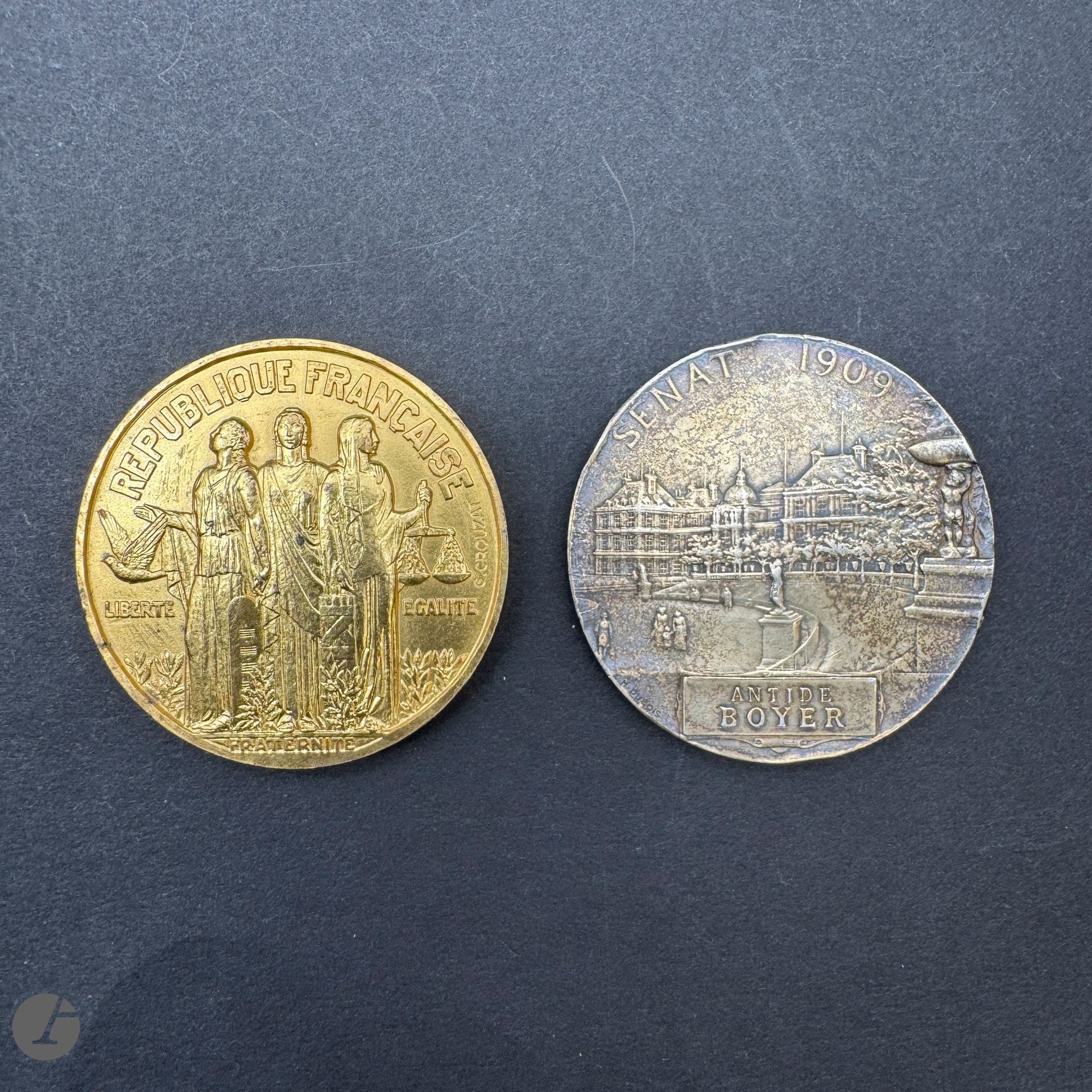 FRANCE

Two Senate medals : 

- Model in vermeil by Crouzat. 

Attributed on the back to H.E. F.M. FALAIZE in 1965. Mint hallmark on the edge. 

In its case. 

49 mm - Weight : 71 g

- Senate model by Dubois. Attributed in 1909 to Antide BOYER. In silver. Mint hallmark. 

50 mm - Net weight : 62 g

SUP. and T.T.B.