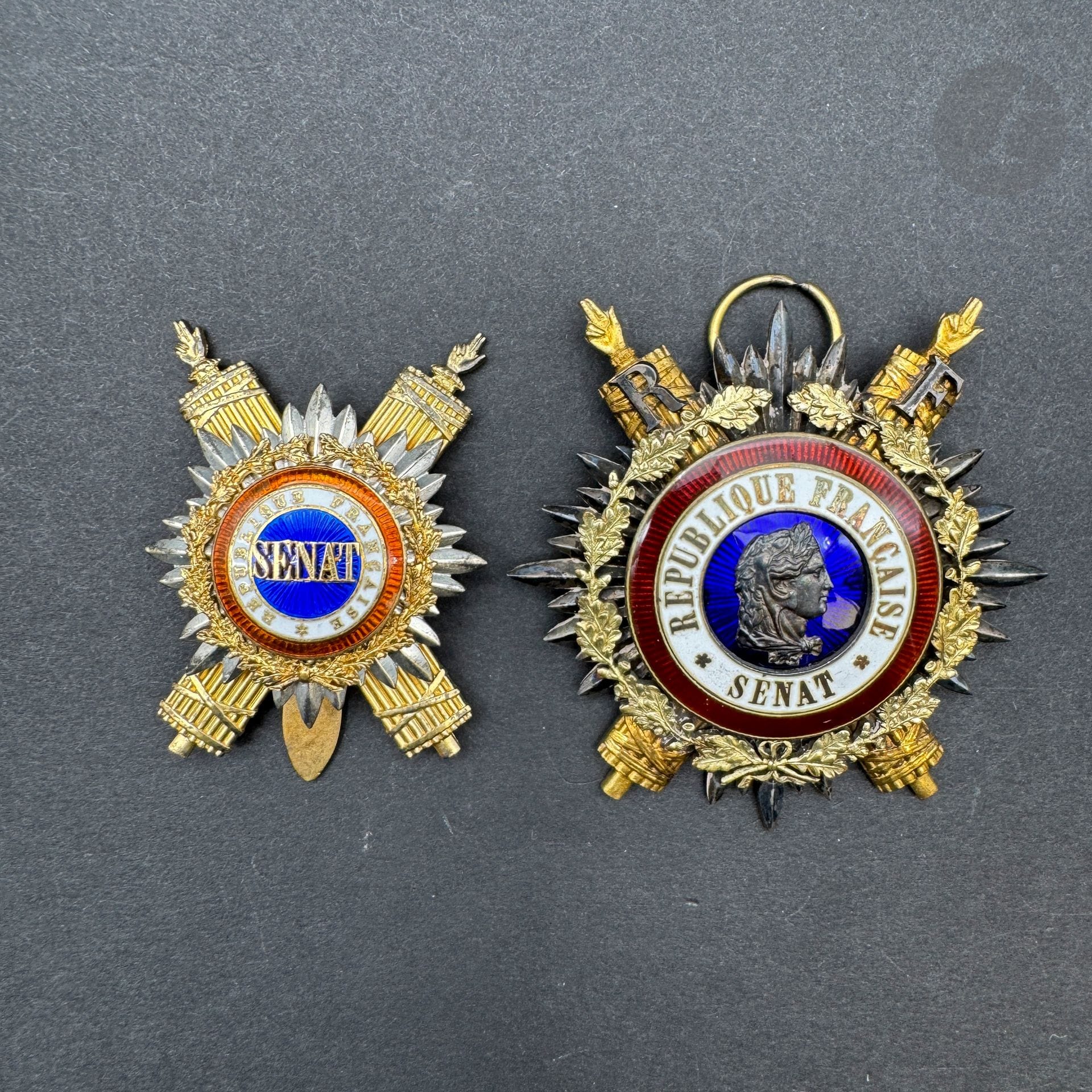 FRANCE

Ensemble de sénateur d’époque IIIe République :

- Bijou d’écharpe en bronze doré, argenté et émail. Diam : 75 mm

T.T.B. à SUP. 

- Insigne portatif IIIe République. En vermeil, argent et émail (cheveux). Poinçons tête de sanglier.

SUP.