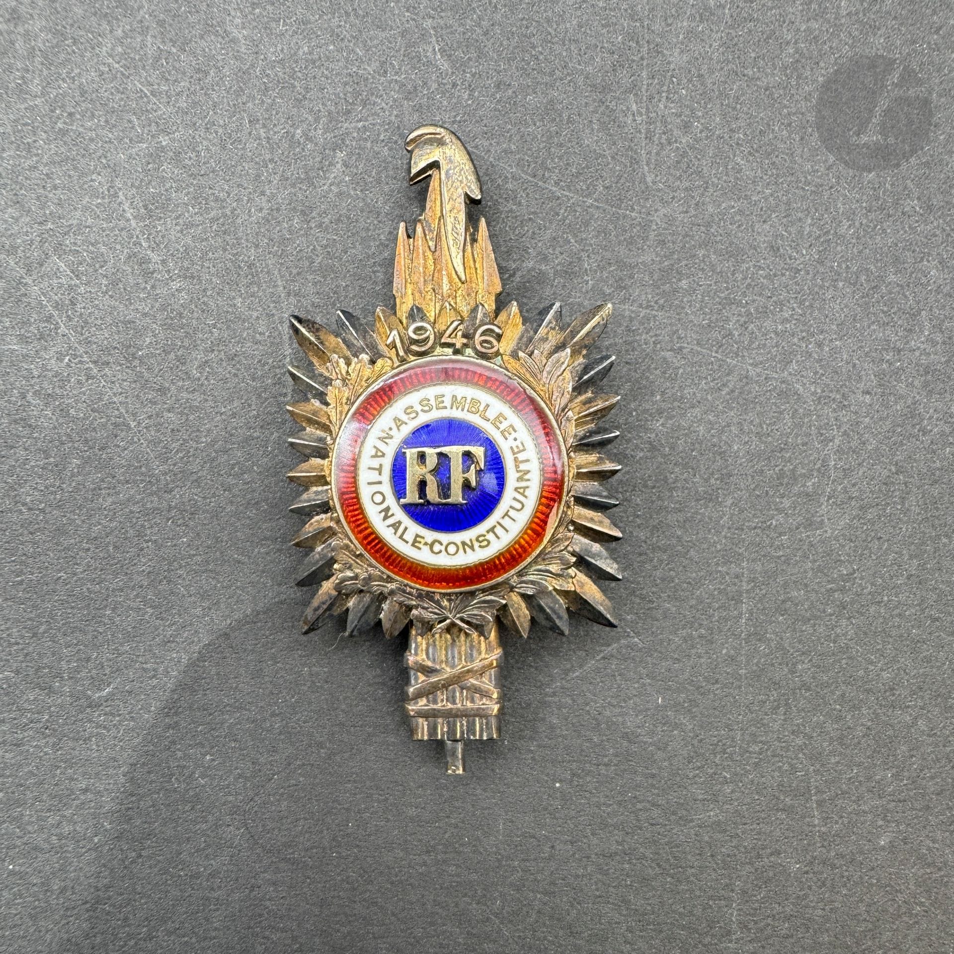 FRANCE 

Constituent Assembly deputy badge (1946).

In silver, vermeil and enamel, with "1946" date. 

Boar's head and Chobillon hallmark. 

66 x 34 mm - Gross weight: 27 g 

SUP.