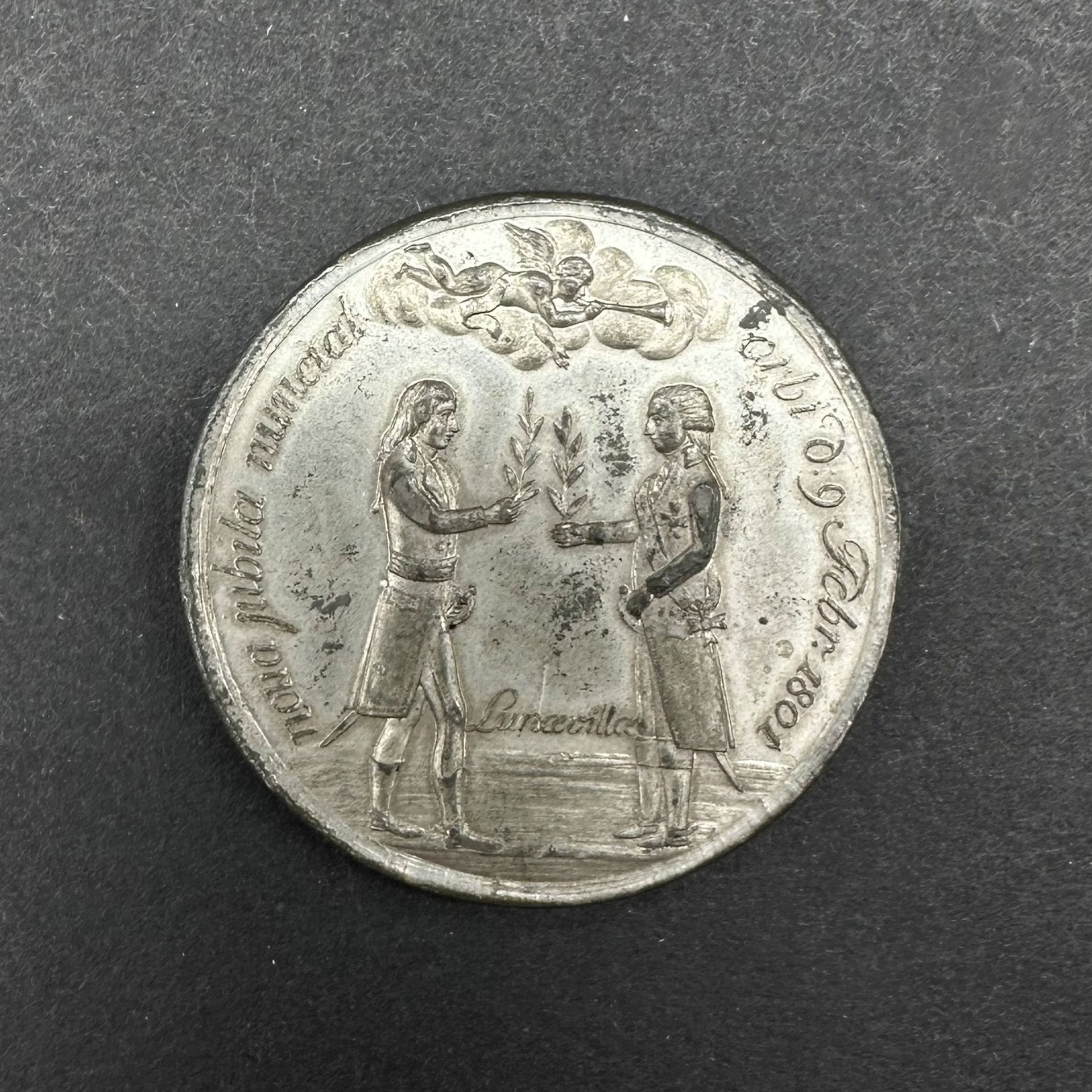PAIX DE LUNÉVILLE (1801)

Médaille en étain. 

40 mm

Avers représentant Bonaparte et georges III échangeant un rameau d’olivier. 

Revers à l’allégorie de la prospérité.