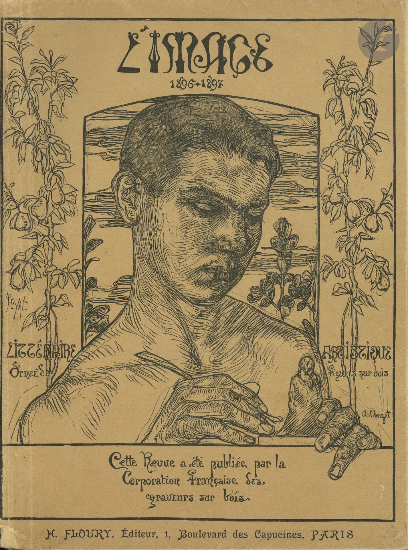 Revue L’IMAGE, 1896-1897. Revue artistique et littéraire ornée de figures sur bois (Paris, Floury, décembre 1896-décembre 1897). 12 numéros en un volume broché in-4 (dos usagé, ex. en partie un peu débroché).
Collection complète de cette importante revue mensuelle d’art moderne fondée par la corporation française des graveurs sur bois et publiée sous la direction littéraire de Roger Marx et Jules Rais et sous la direction artistique de Tony Beltrand, Auguste Lepère et Léon Ruffe. L’Image se proposait de rassembler «les écrivains, les dessinateurs, les graveurs, et de parvenir à l’unité absolue de l’illustration et du texte»… Collaborèrent à cette revue certains grands noms de l’époque tels que George Auriol, Mucha, Maurice Denis, Daniel Vierge, Lucien Pissarro, Pierre Louÿs, Helleu, Rémy de Gourmont, Jules Renard, Vallotton, Maurice Barrès, Victor Prouvé, Gustave Kahn, Lucien Descaves, Puvis de Chavannes, Auguste Rodin, Degas, Luc-Olivier Merson, etc. L’exemplaire comprend, outre la couverture générale, les couvertures de chacun des numéros (dont le n° 1 par Mucha et le n° 11 par Toulouse-Lautrec).
