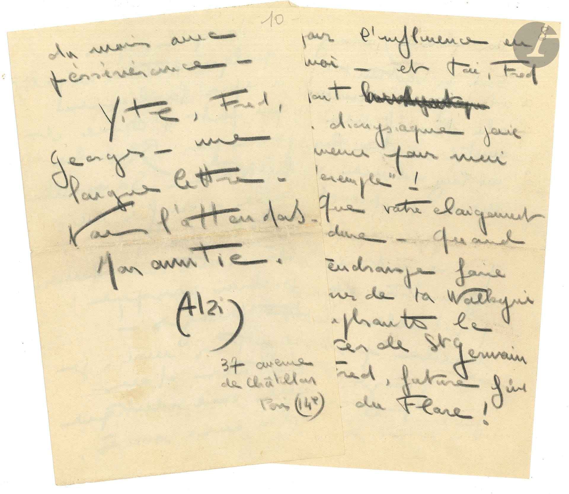Alain RESNAIS (1922-2014). L.A.S. "Alain" following a letter from Jacques RASTIER, Paris April 18, 1943, to Frédéric de Towarnicki in Nice; 10pages in-8 in black hickory (including 4 and a quarter by Resnais), stamped envelope with Alain Resnais address on back.
A moving declaration of friendship between four young men separated by the war [In 1940, Alain Resnais, a student at the Cours Simon, hung out with up-and-coming playwright Jacques Rastier, future poet-philosopher Frédéric de Towarnicki (who wrote the screenplay for Resnais's unrealized film Les Aventures de Harry Dickson) and future writer-journalist Georges Walter. The strong friendship between the four men would last beyond the war. In 1943, Resnais and Rastier were in Paris, Towarnicki and Walter in Nice].
Jacques Rastier talks about the great work he is working on, and "the secrets of our friendship [...] Alain alone, who carries a bit of you and whom I definitely recognize as our own, brings me in puffs, in this cell where I live, the perfume of our past lives"... Alain Resnais continues: "Now the writing and the style (or rather the lack of it) have changed. Only one identical feeling remains: that of a faithful friendship, against which a long silence has not yet been able to prevail. What can I say to you that is not an affirmation of your perpetual, dual presence? You, Georges, whose influence on me I see every day - and you, Fred, whose Dionysian joy remains "the example" for me! May your estrangement not last. When will I hear your triumphant Valkyrie echoing through the St Germain district, O Fred, future flower of the Flore! Jacques, after a few worrying detours, took up the line that runs from Orphée to Blanche-la-Noire. His new work is built in the midst of the most astonishing coincidences - I'd almost say omens! As for me, I'm continuing along the same path, if not with success, at least with perseverance"...