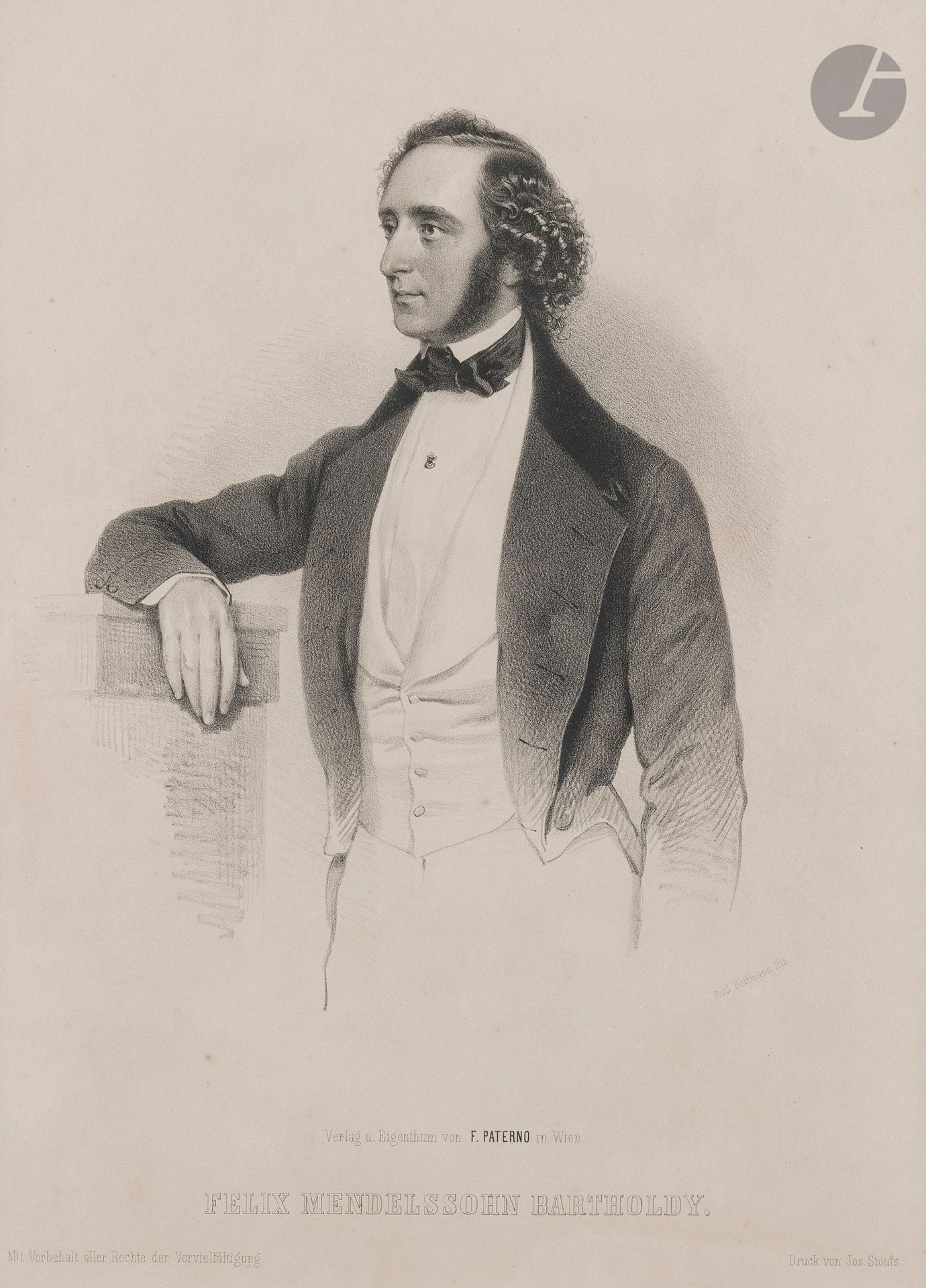 [Felix MENDELSSOHN BARTHOLDY]. Portrait engraved by Josef STOUFS (1840-1870), published by F. Paterno in Vienna, [circa 1840]; 36 x 26 cm (framed).
Beautiful half-body portrait of the composer.