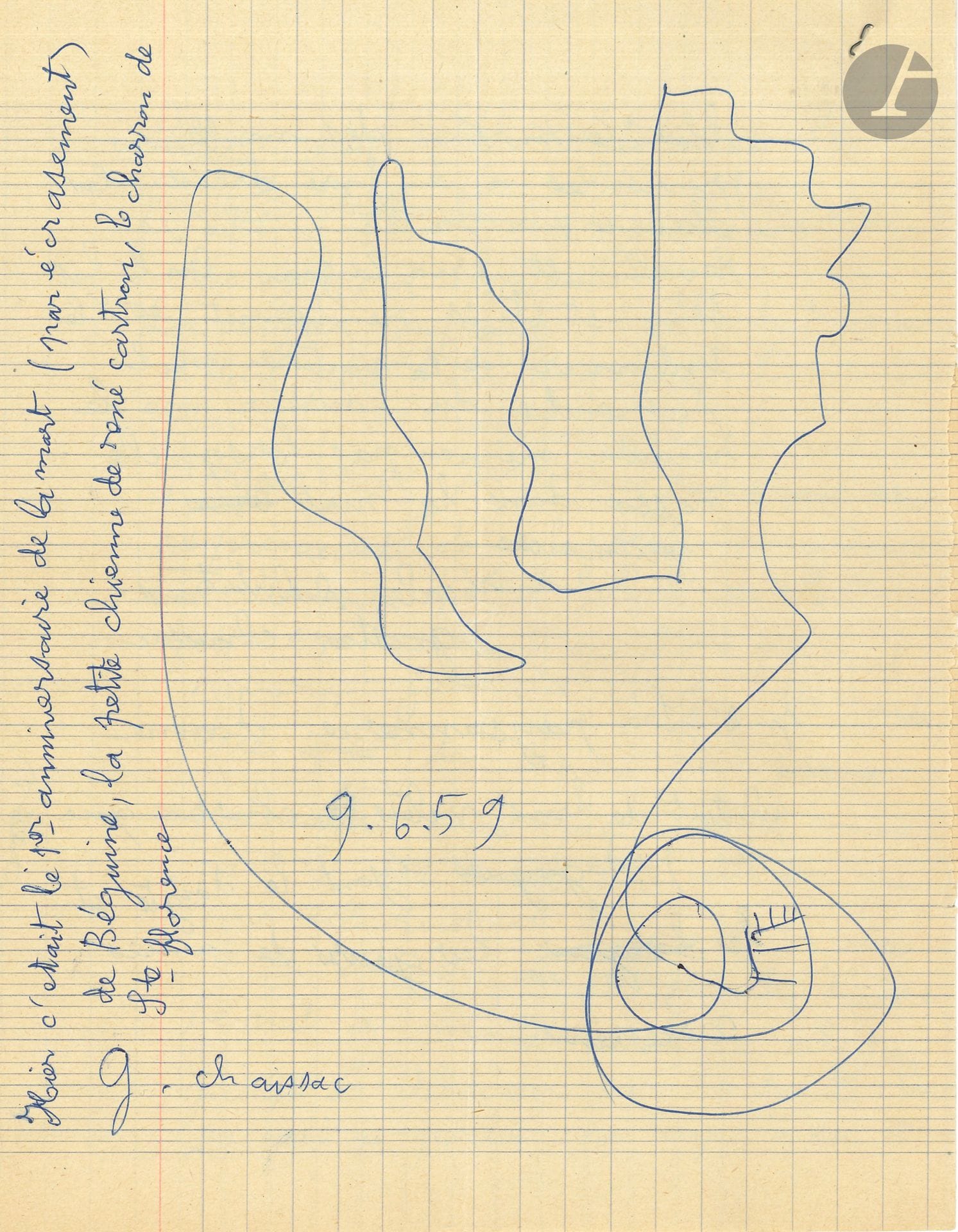 Gaston CHAISSAC (1910-1964). L.A.S. with drawing, June 9, 1959; 4 pages in-4 on school paper.
About a teacher of peasant origin, who "to taunt her pupil who was drawing bonshommes, called her a Chaissac, to the great shame of this child and the great joy of the whole class [......] It's hardly surprising that this lady should have mistaken my painting for a child's drawing and found it perfectly laughable, but what is more surprising is that she should have mistaken my status as a satirical writer for God knows what, and dared to use such gall against me". Everything they say about him leads him to say: "The clergy and secularism, two fine pieces of shit, but Madame Jacqueline Desraison's painting finds favor in my eyes". This is followed by a rambling digression on a widow and the weather, concluding with a postscript: "The peasantry is more likely to produce good ploughmen than pedagogues with the necessary tact and breadth of vision". 
On the last page, an abstract drawing in blue pen (approx. 18 x 13 cm), with this addition in the margin: "Yesterday was the 1st anniversary of the death (by crushing) of Béguine, the little dog of rené cartron, the cartwright of Ste florence".