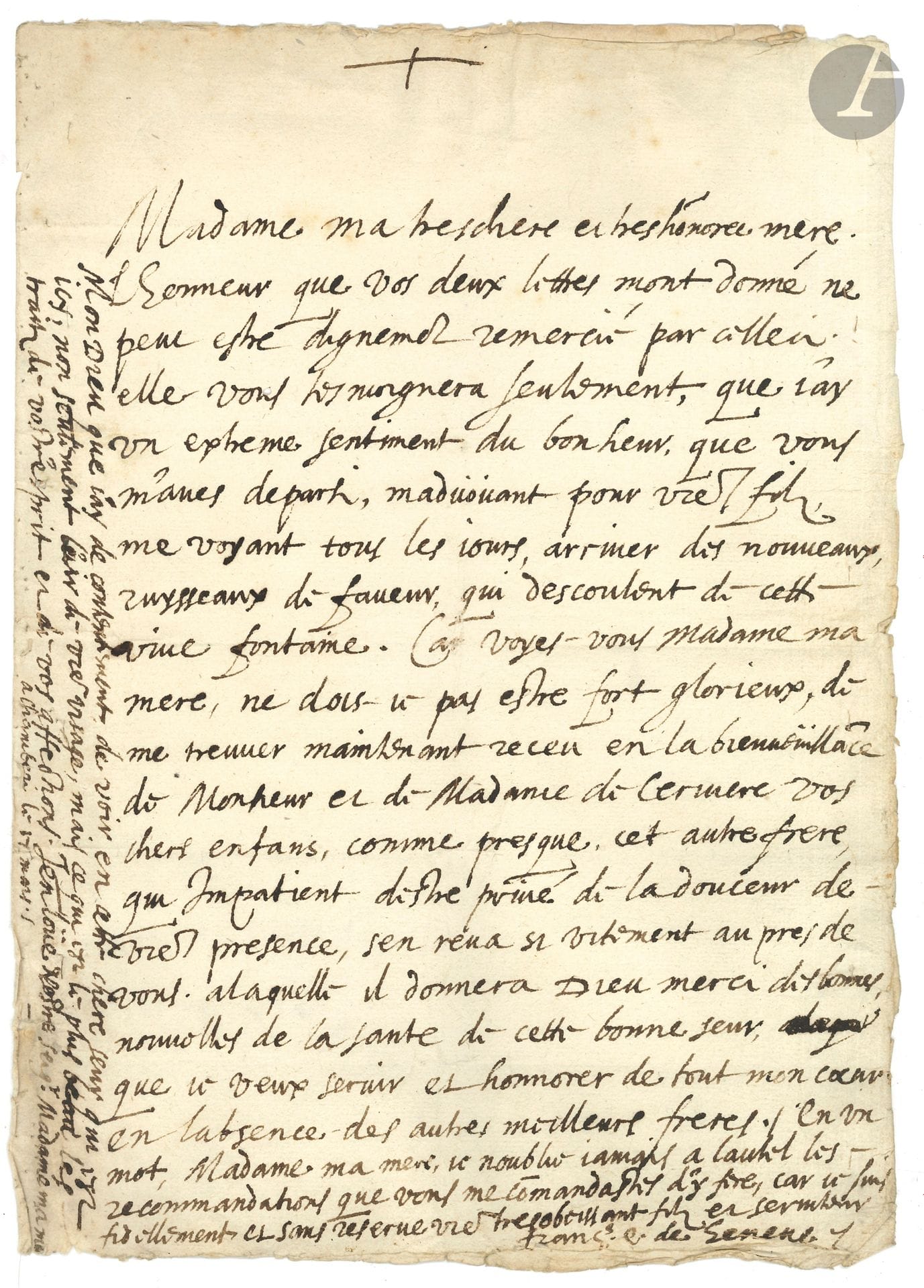 Saint FRANÇOIS DE SALES (1567-1622) bishop of Geneva, founder of the Visitation order, author of Introduction à la vie dévote and Traité de l'amour de Dieu. L.A.S. "Françs E. de Geneve", Chambéry March 17 [1612], to "Madame de Pezieu" [Françoise de Longecombe de Peysieu]; 1page folio, addressed with small red wax seals. 
Beautiful letter of affection to a relative.
[Françoise de Disimieu, wife of François-Philibert de Longecombe de Peysieu, widowed in 1591, had five children, mentioned here by François as his siblings; she died in 1617. She was related to François de Sales through the marriage of one of François' grandmothers to a François de Longecombe, and François de Sales, who maintained a fine correspondence with her, called her his "very dear mother"].
"Madame ma tres chere et tres honnoree mere.
The honor your two letters have given me cannot be worthily thanked by this one. Elle tesmoignera vous seulement, que j'ai un extreme sentiment du bonheur que vous m'aves departi, m'advoüant pour vos filsz, voyant me tous les jours arriver des nouveaux ruysseaux de faveur qui descoulent de cette vive fontaine. Car voyes-vous, Madame ma mere, ne dois-je pas être fort glorieux, de treuver me maintenant receu en la bienveüillance de Monsieur et de Madame de Cerviere, [la dernière fille de Mme de Peysieu, Lucrèce, dame de Saint-André de Cervières] vos chers enfans, comme presque cet autre frere [Louis, seigneur de Selignieu, who left on a mission to Brazil, where he died in 1614], who, impatient to be deprived of the sweetness of your presence, came back so quickly to you, to whom he will give thank God good news of the health of this good sister, whom I want to serve and honor with all my heart in the absence of the other best brothers"...
In a postscript, he adds: "Mon Dieu que jay de contentement de voir en cette chere seur qui est icy, non seulement l'air de votre visage, mais, ce qui est le plus beau les traitz de votre esprit et de vos affections. Jen loüe Nostre Seigr Madame ma mere."
Œuvres, Annecy edition, t.XV, Lettres, vol. V (dcclix).
Attached is a L.A.S. from his brother Jean-François de Sales de Boisy (1578-1635, he succeeded his brother to the bishopric of Geneva) to Mme de Pezieu, Annecy 1st day of Advent 1613, a beautiful, affectionate letter to "Madame ma tres honnorée mere".